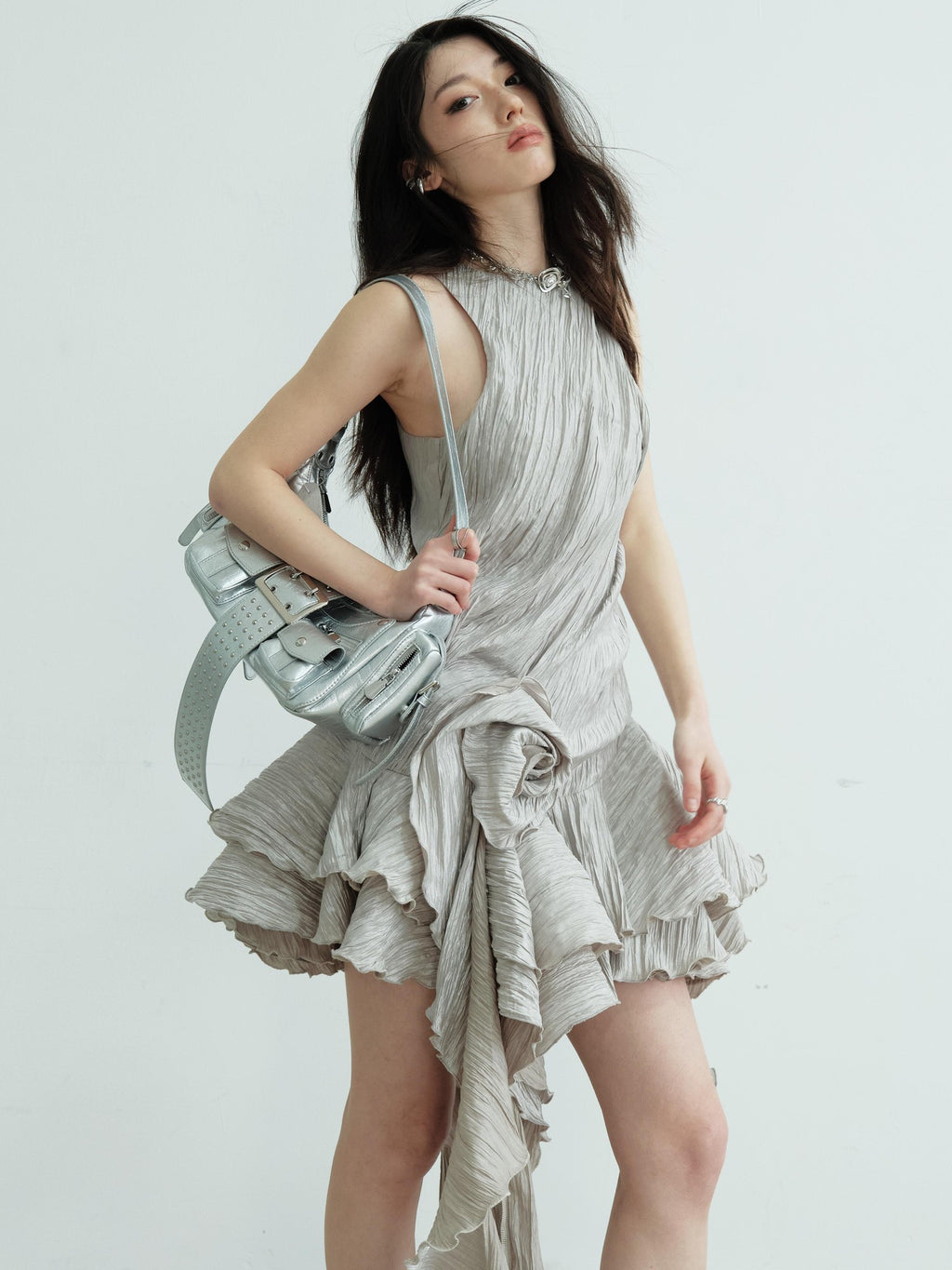Jnylon studios Vintage Sculpted 3d Floral Textured Ruffle Sleeveless Women's Casual Midi Dresses