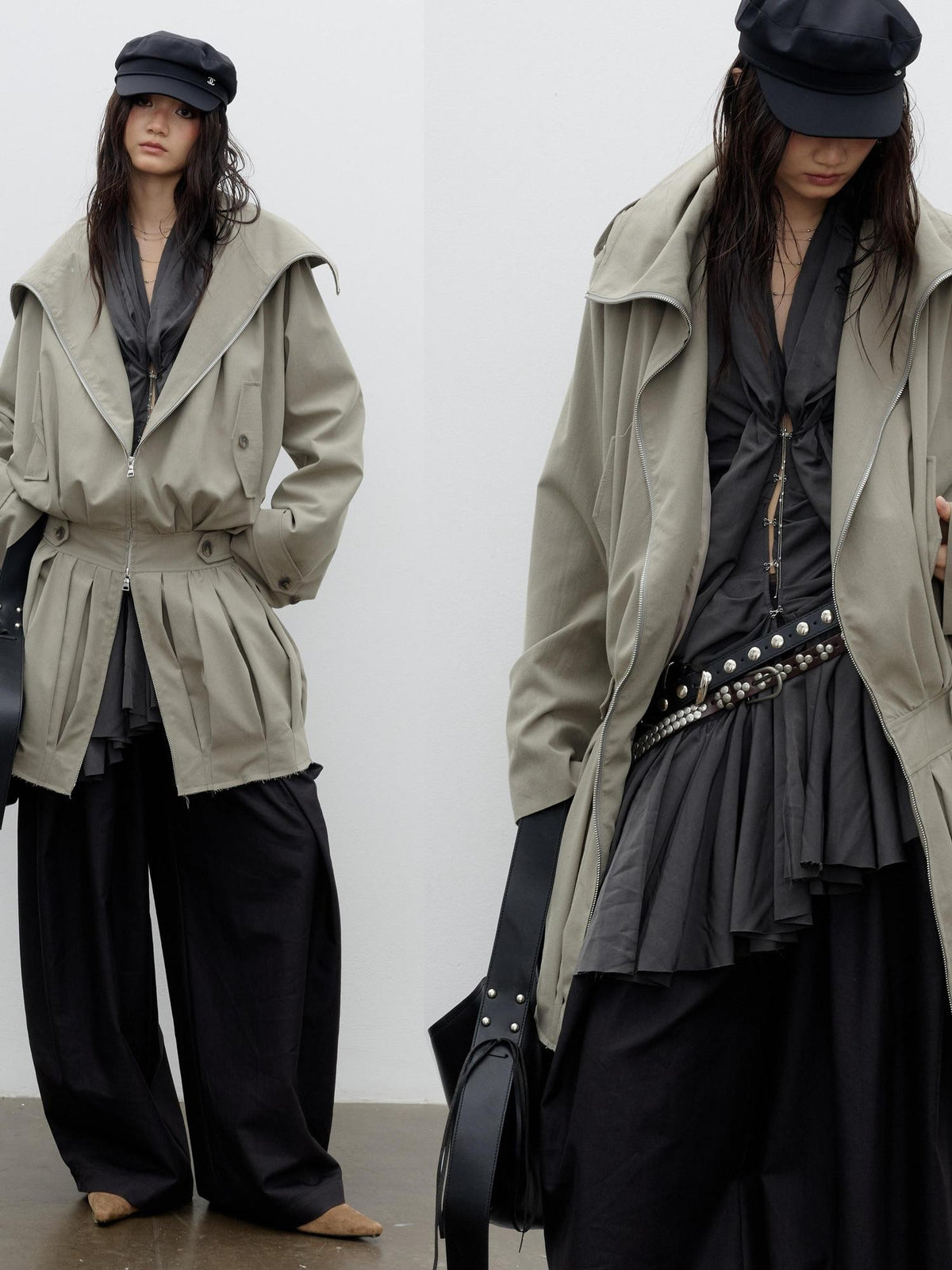 Jnylon studios Vintage Sculpted Ruched Balloon Waist Women's Trench Coats