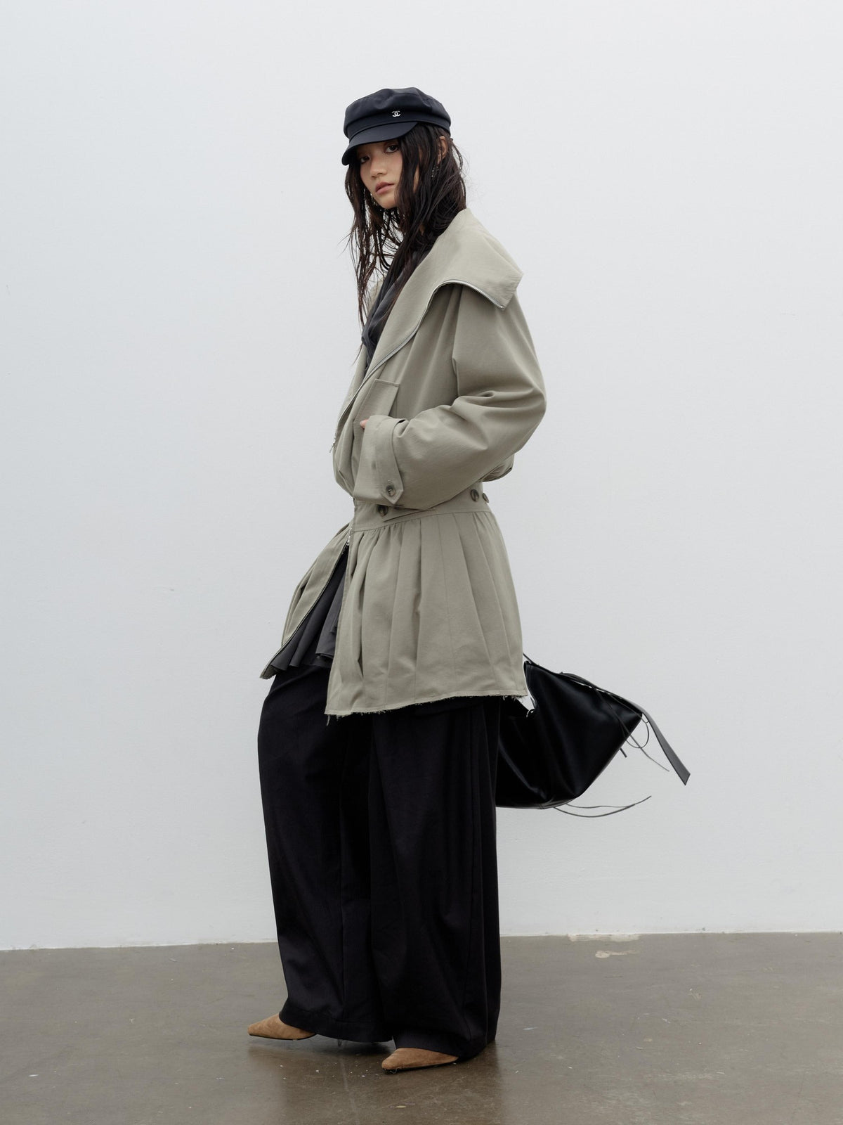 Jnylon studios Vintage Sculpted Ruched Balloon Waist Women's Trench Coats