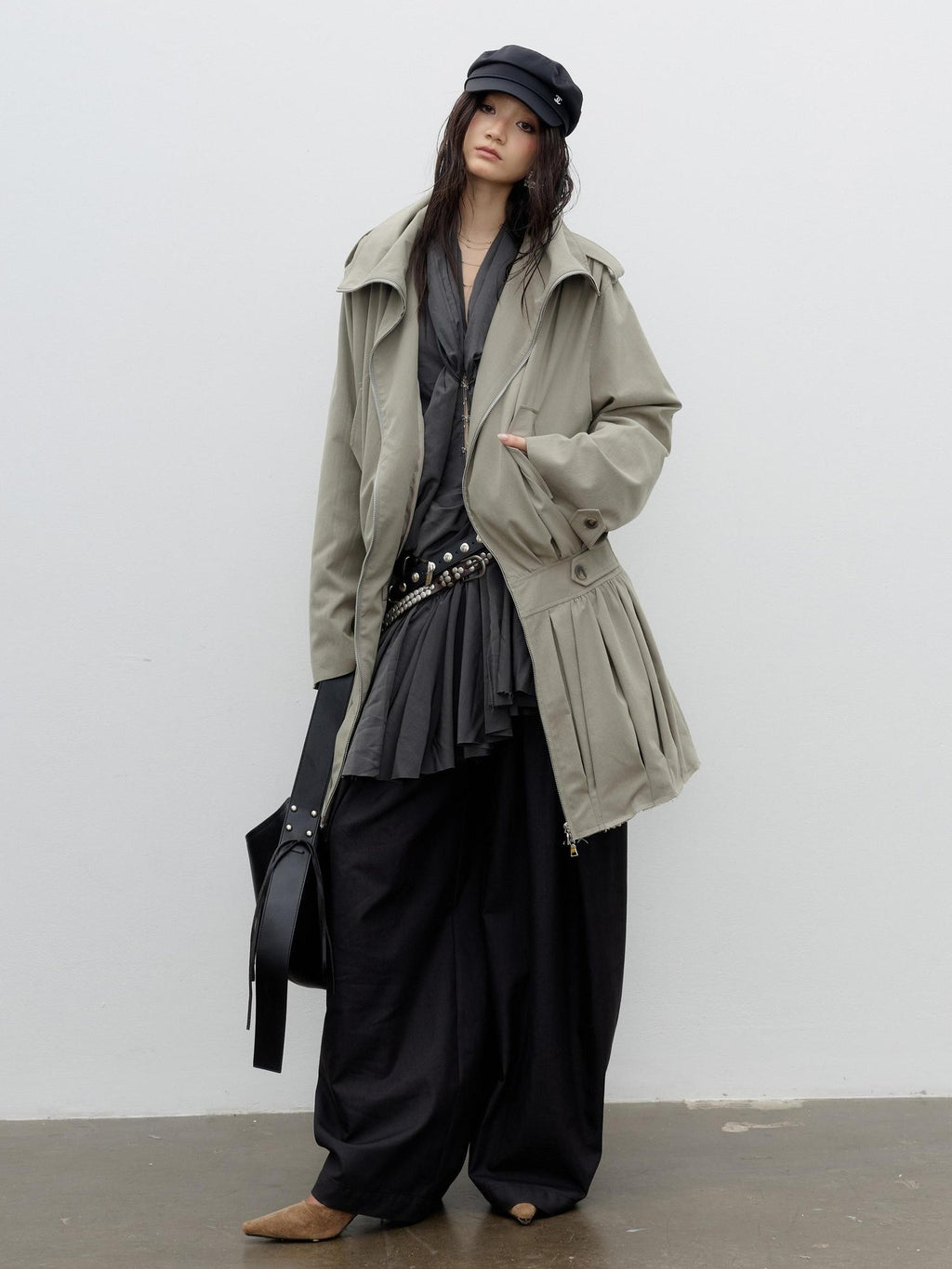 Jnylon studios Vintage Sculpted Ruched Balloon Waist Women's Trench Coats