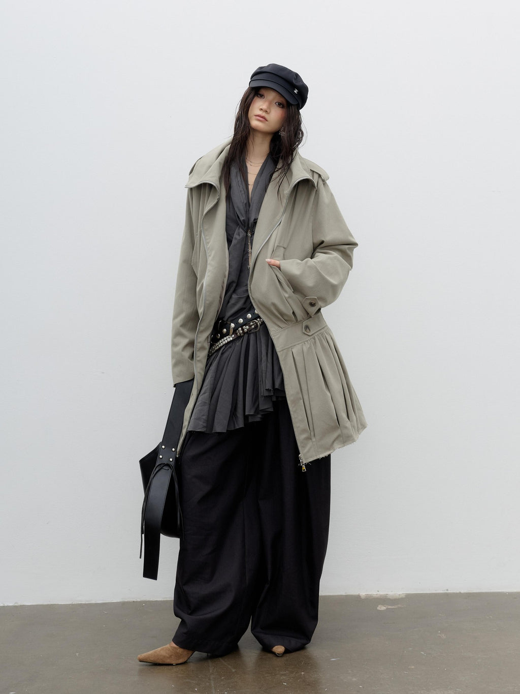 Jnylon studios Vintage Sculpted Ruched Balloon Waist Women's Trench Coats