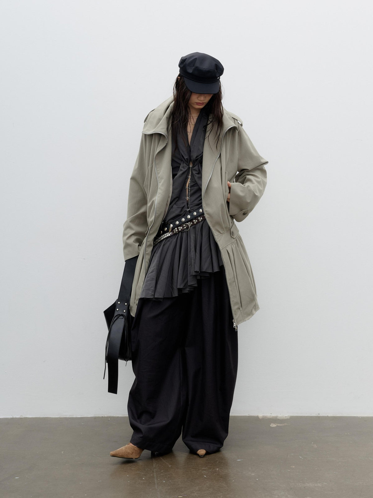 Jnylon studios Vintage Sculpted Ruched Balloon Waist Women's Trench Coats