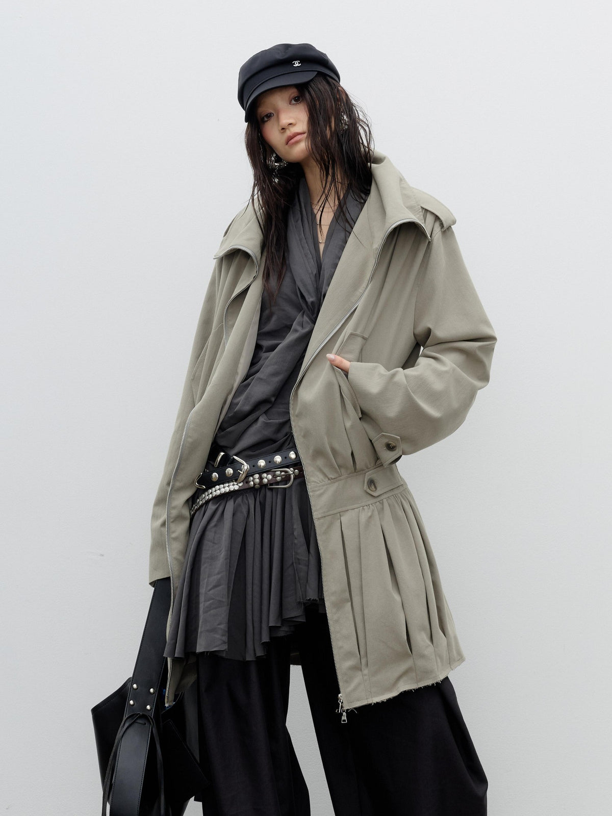 Jnylon studios Vintage Sculpted Ruched Balloon Waist Women's Trench Coats