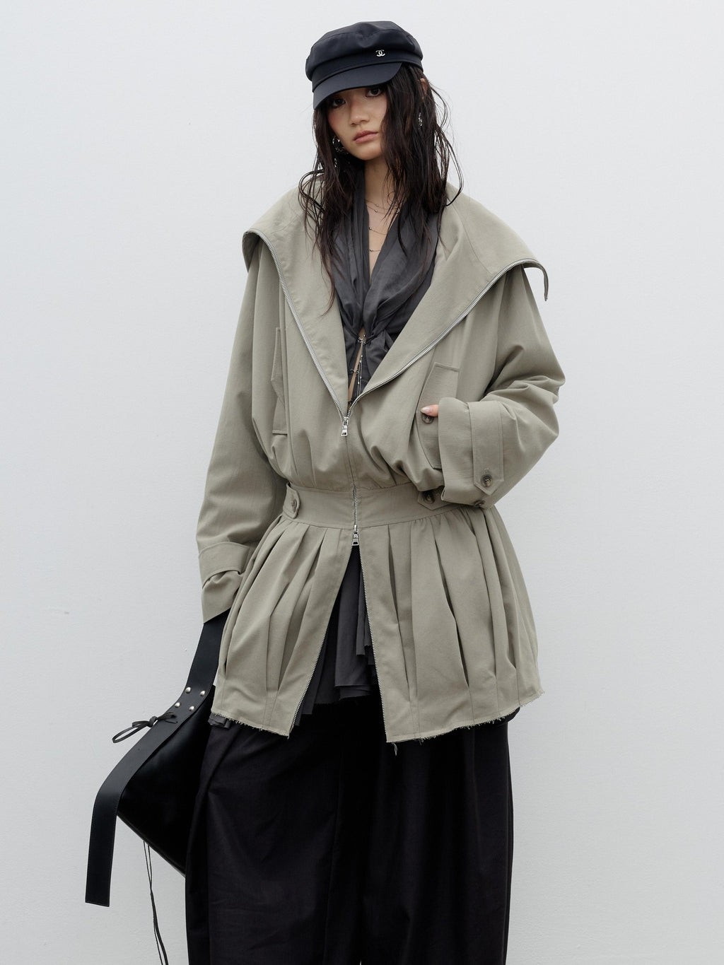 Jnylon studios Vintage Sculpted Ruched Balloon Waist Women's Trench Coats