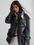 Jnylon studios Vintage Washed 3d Patch Pocket Wide Shoulder Women's Pu Leather Jackets
