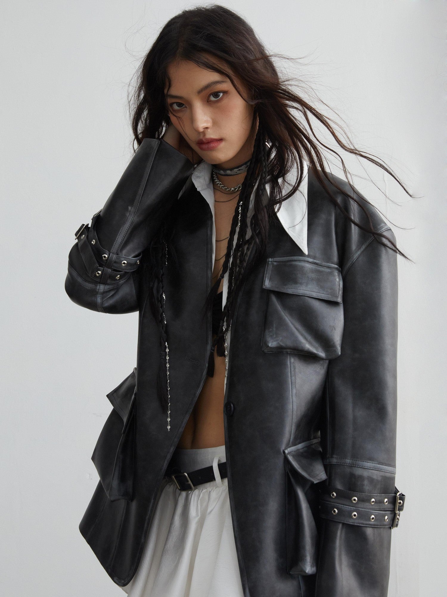 Jnylon studios Vintage Washed 3d Patch Pocket Wide Shoulder Women's Pu Leather Jackets