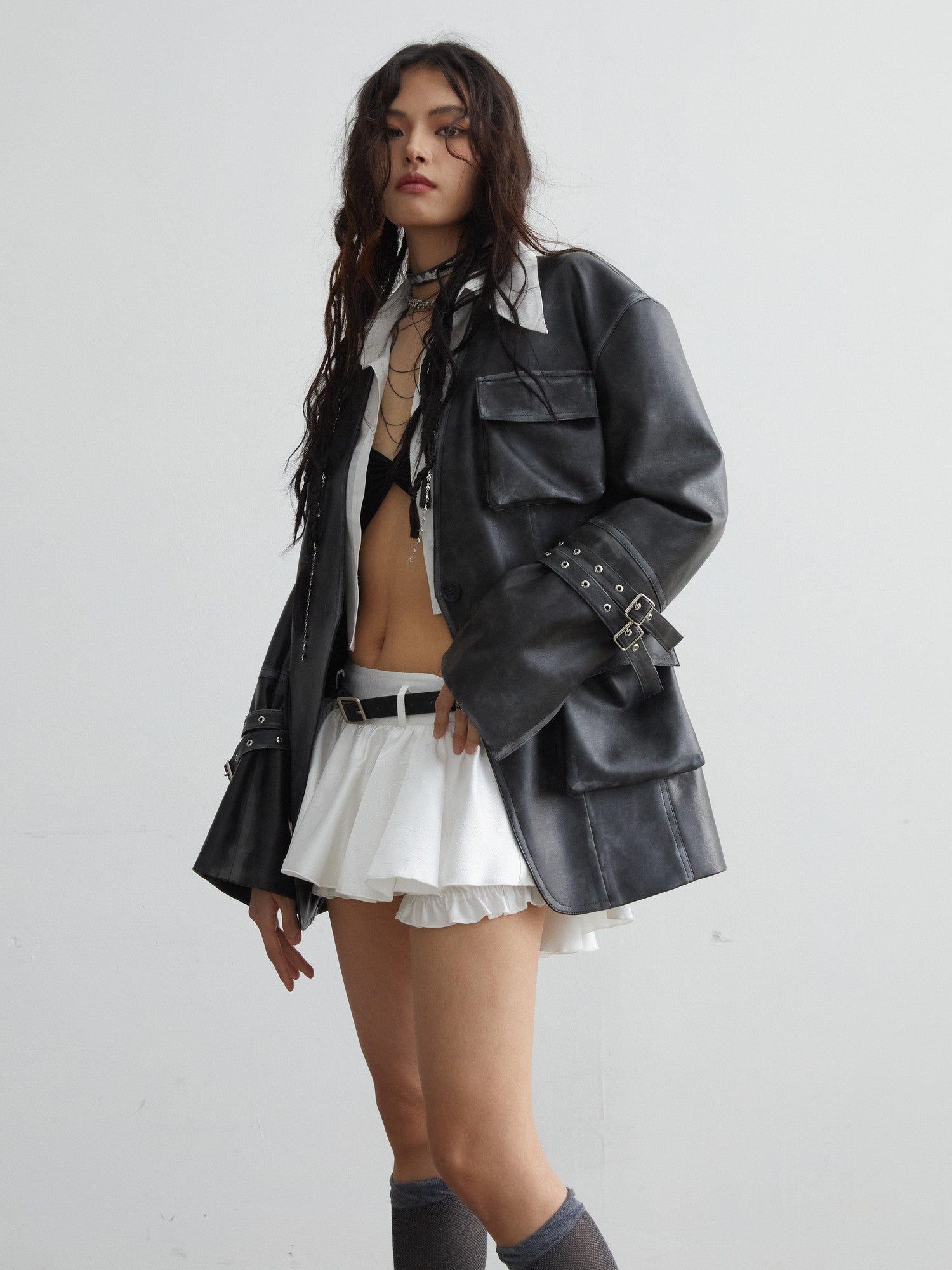 Jnylon studios Vintage Washed 3d Patch Pocket Wide Shoulder Women's Pu Leather Jackets