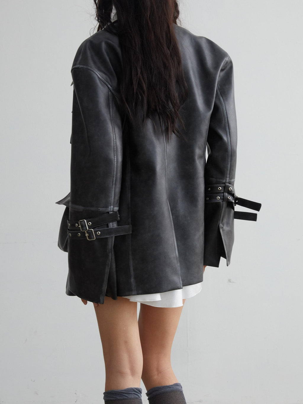 Jnylon studios Vintage Washed 3d Patch Pocket Wide Shoulder Women's Pu Leather Jackets