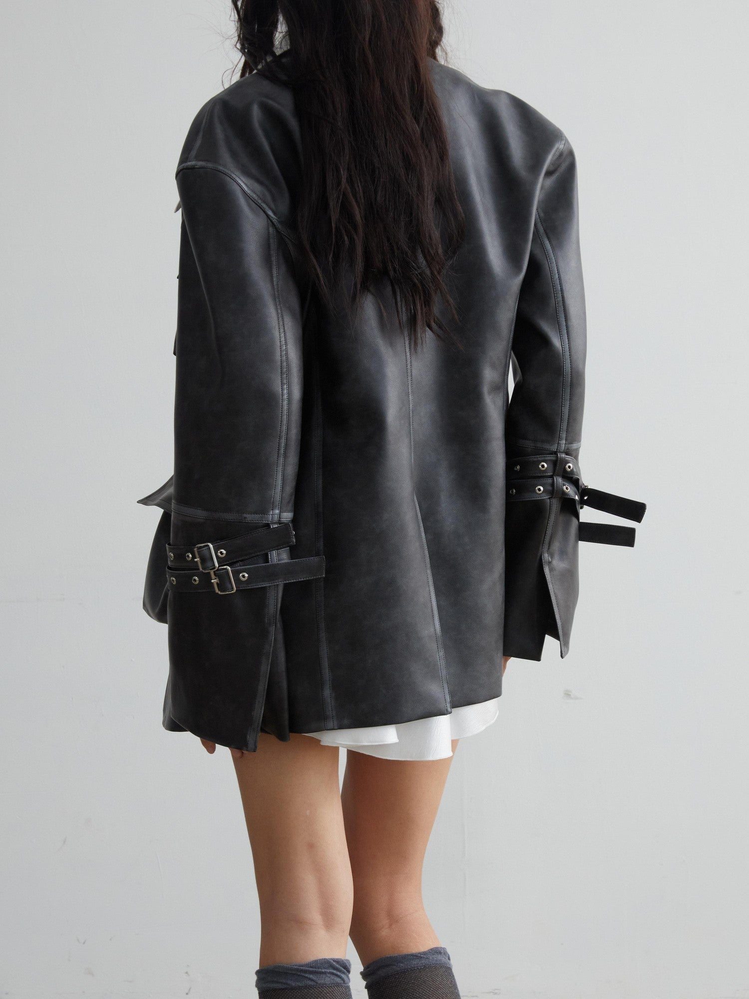 Jnylon studios Vintage Washed 3d Patch Pocket Wide Shoulder Women's Pu Leather Jackets