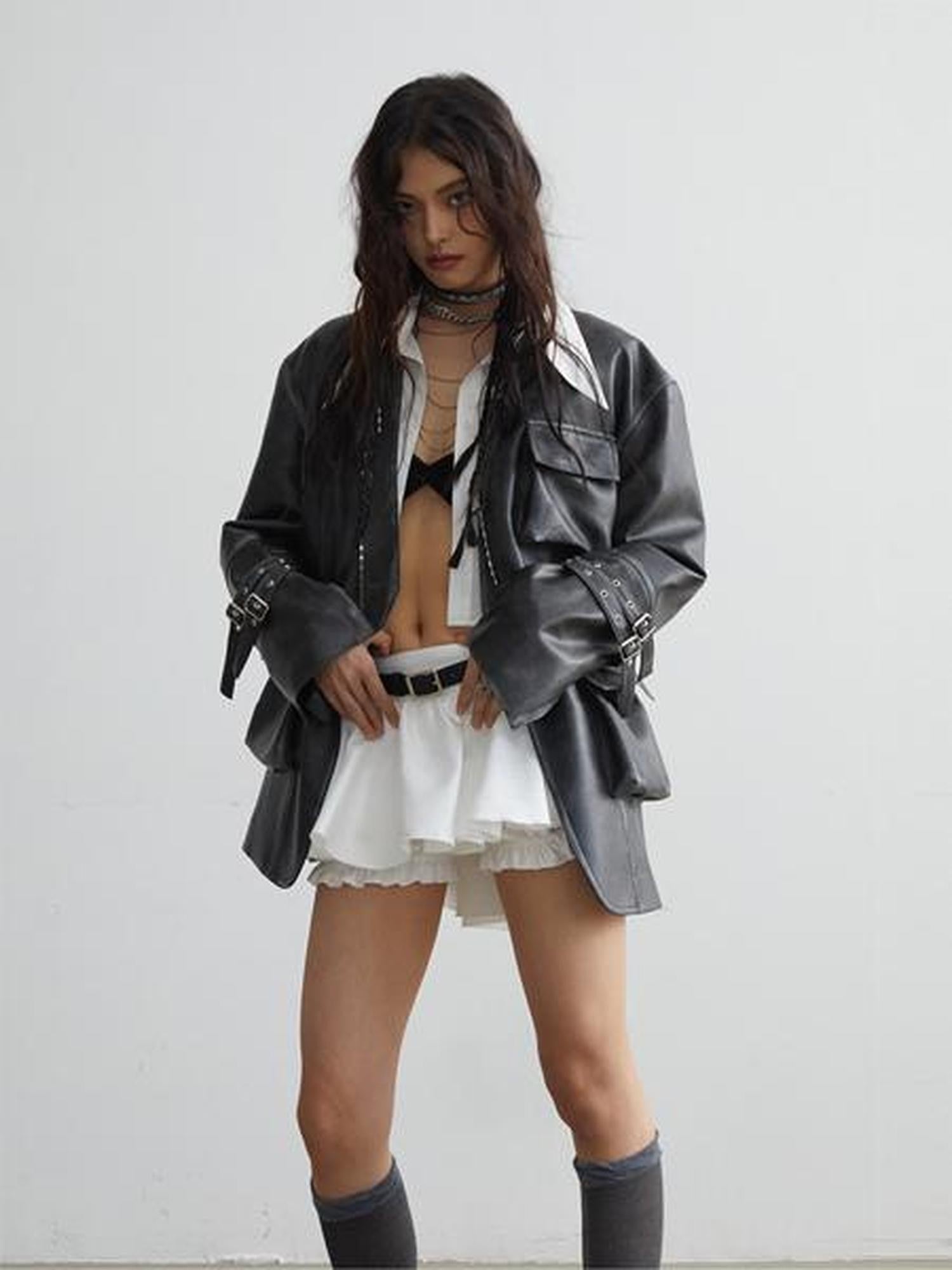 Jnylon studios Vintage Washed 3d Patch Pocket Wide Shoulder Women's Pu Leather Jackets
