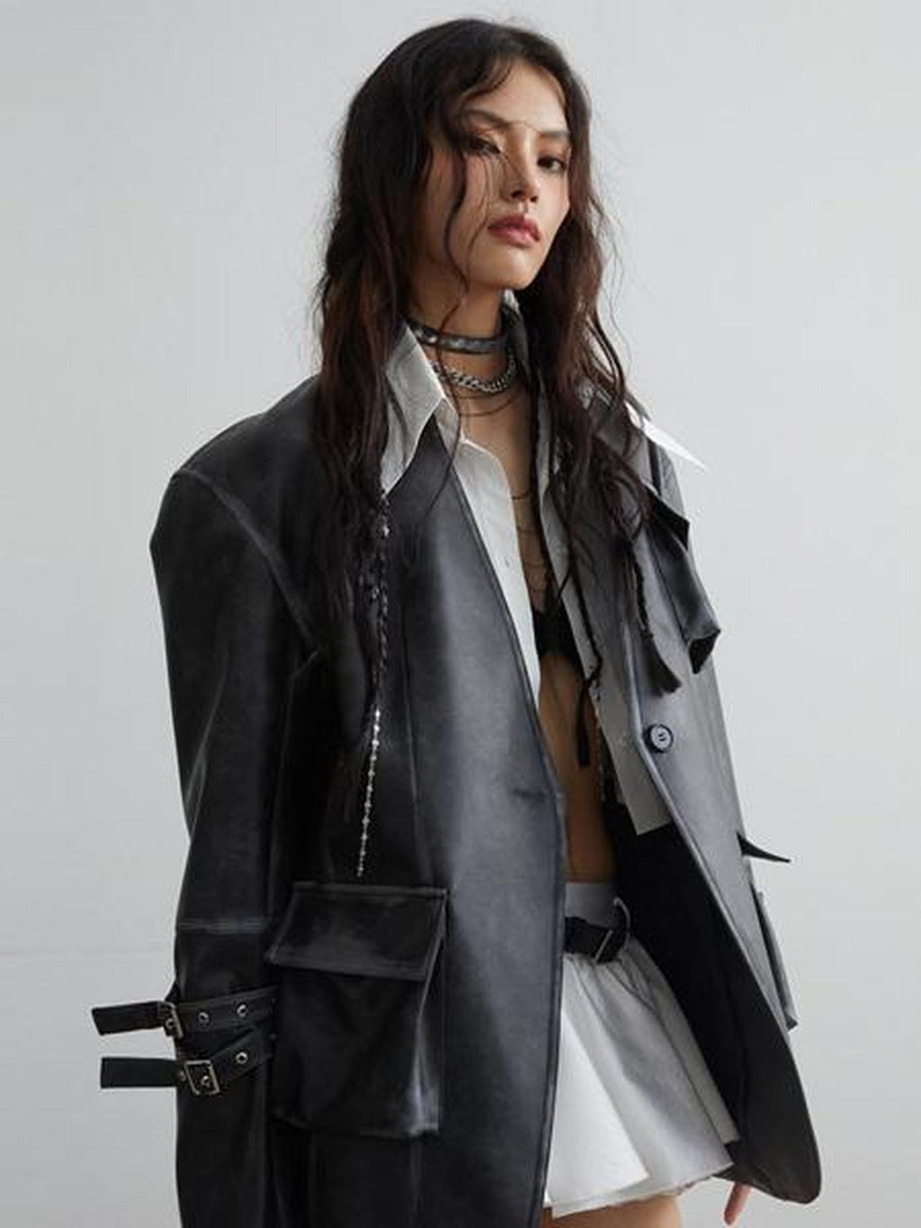 Jnylon studios Vintage Washed 3d Patch Pocket Wide Shoulder Women's Pu Leather Jackets