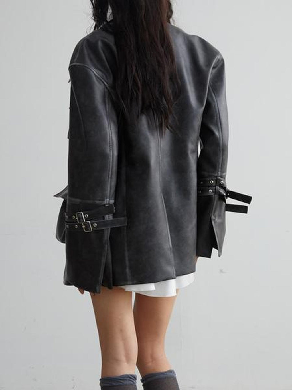 Jnylon studios Vintage Washed 3d Patch Pocket Wide Shoulder Women's Pu Leather Jackets
