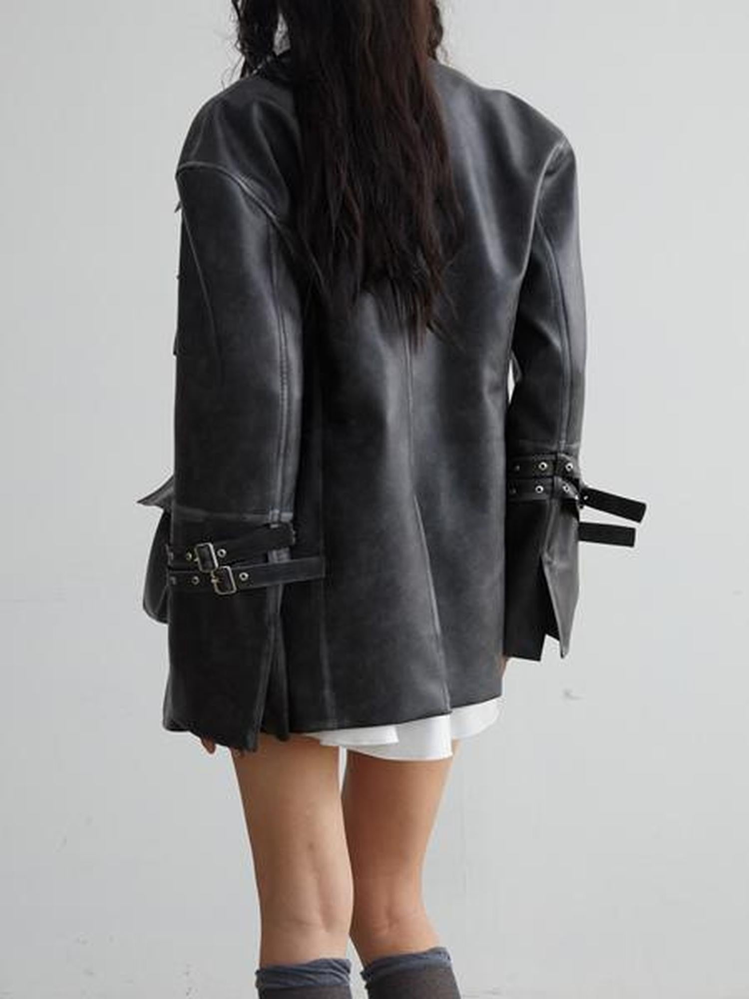 Jnylon studios Vintage Washed 3d Patch Pocket Wide Shoulder Women's Pu Leather Jackets