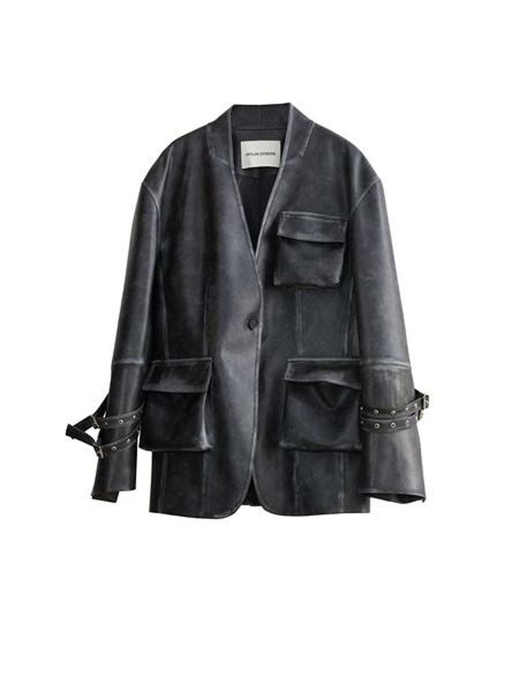 Jnylon studios Vintage Washed 3d Patch Pocket Wide Shoulder Women's Pu Leather Jackets