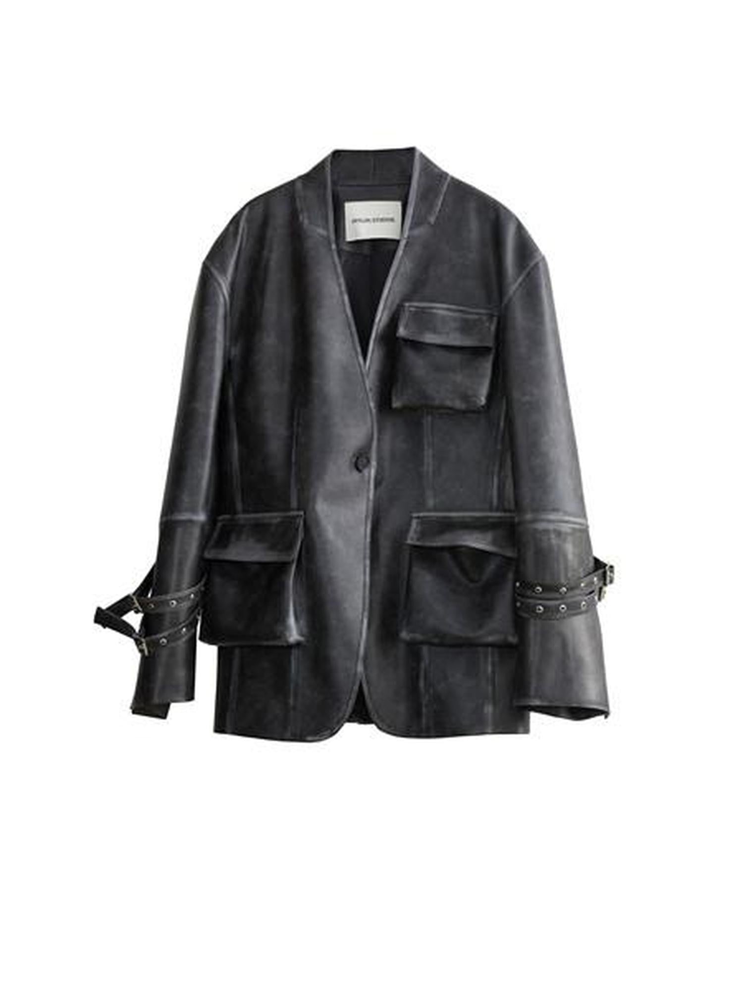 Jnylon studios Vintage Washed 3d Patch Pocket Wide Shoulder Women's Pu Leather Jackets
