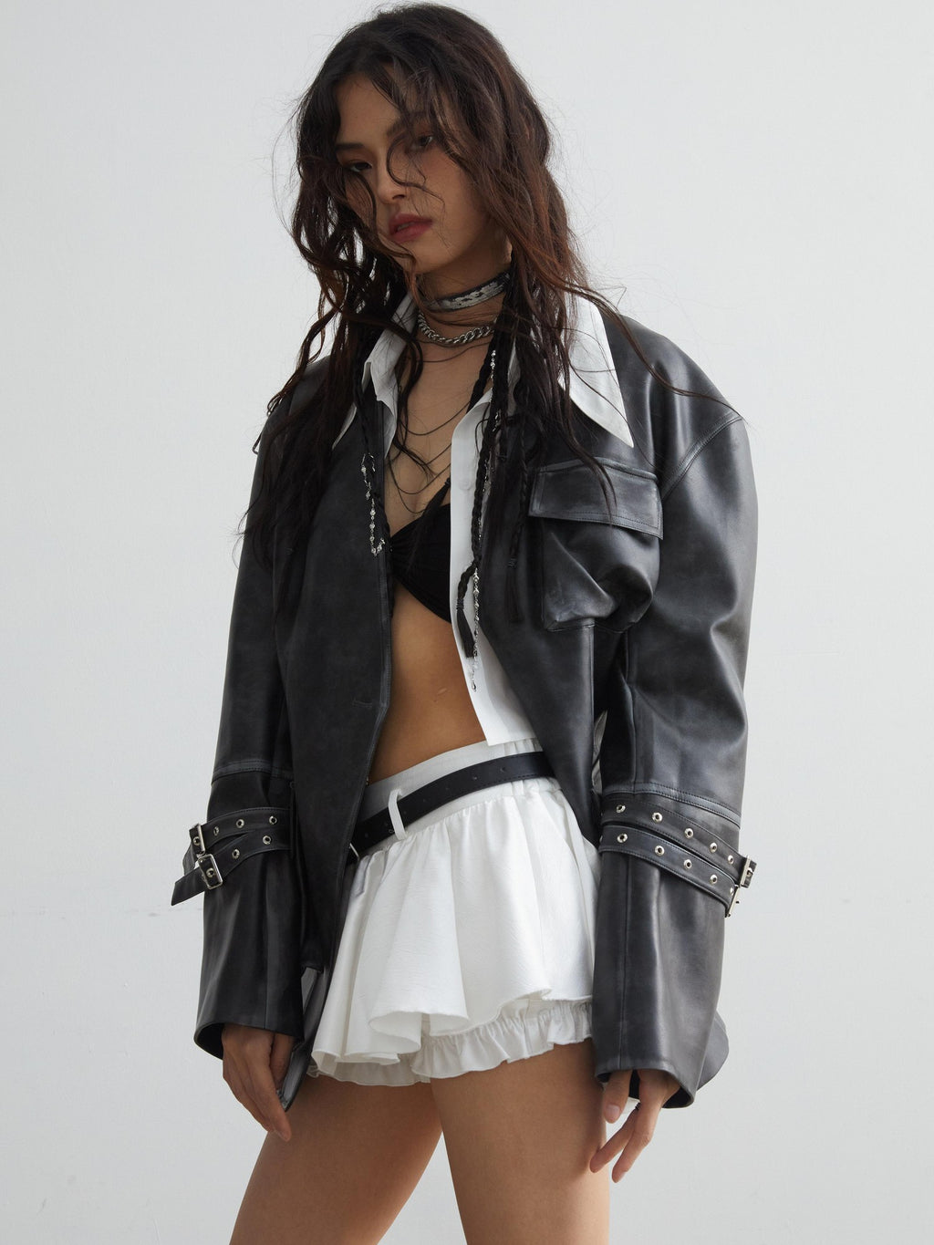 Jnylon studios Vintage Washed 3d Patch Pocket Wide Shoulder Women's Pu Leather Jackets