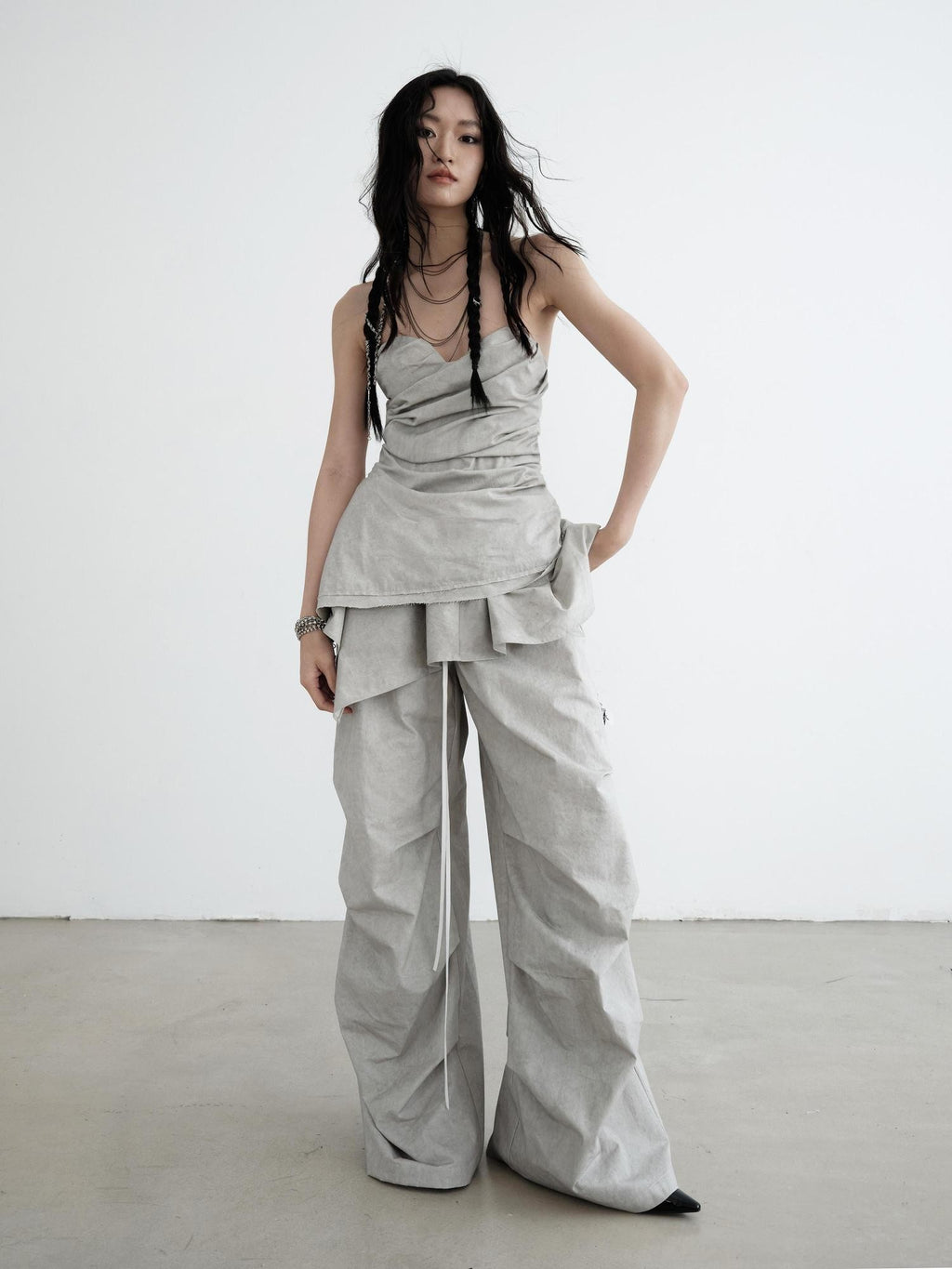 Jnylon studios Washed Dirty Dyed Detachable Ruffle Hem Cotton Women's Wide-leg Pants
