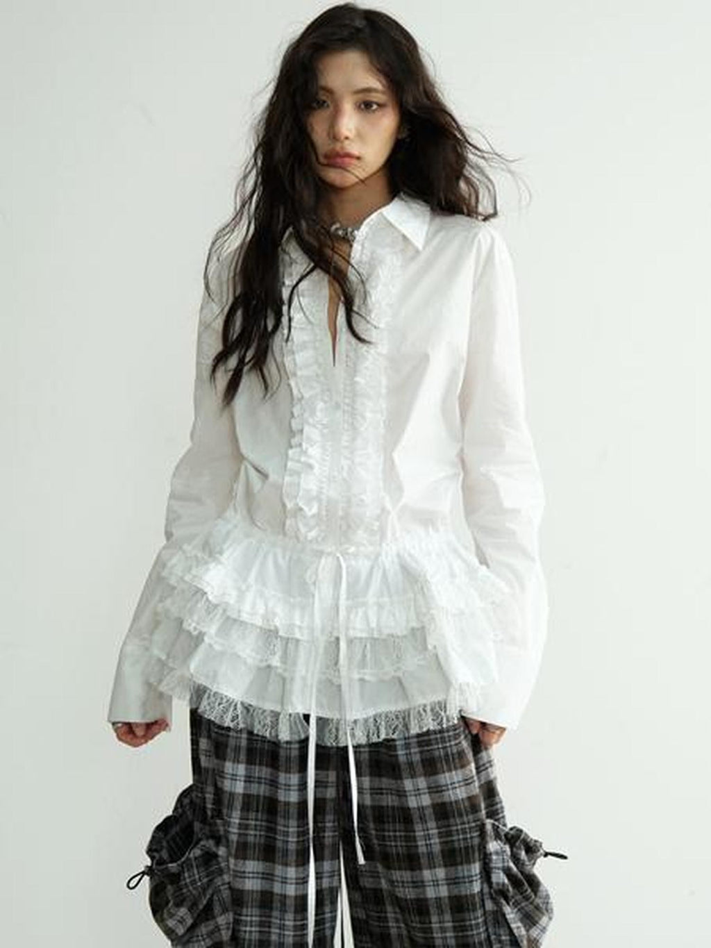 Jnylon studios White Lace Trim Skirt Hem Tie Waist Girlish Long Women's Cotton Tunic Blouses
