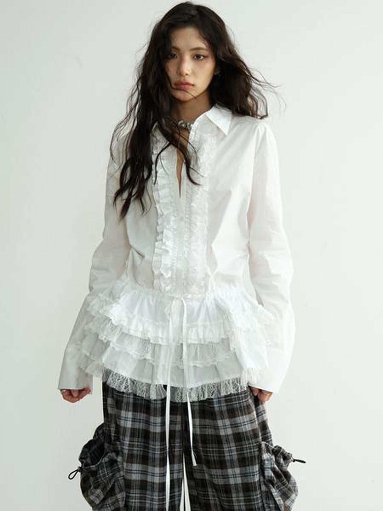 Jnylon studios White Lace Trim Skirt Hem Tie Waist Girlish Long Women's Cotton Tunic Blouses