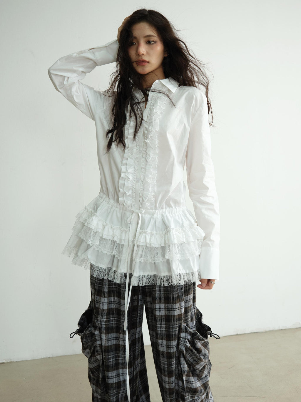 Jnylon studios White Lace Trim Skirt Hem Tie Waist Girlish Long Women's Cotton Tunic Blouses