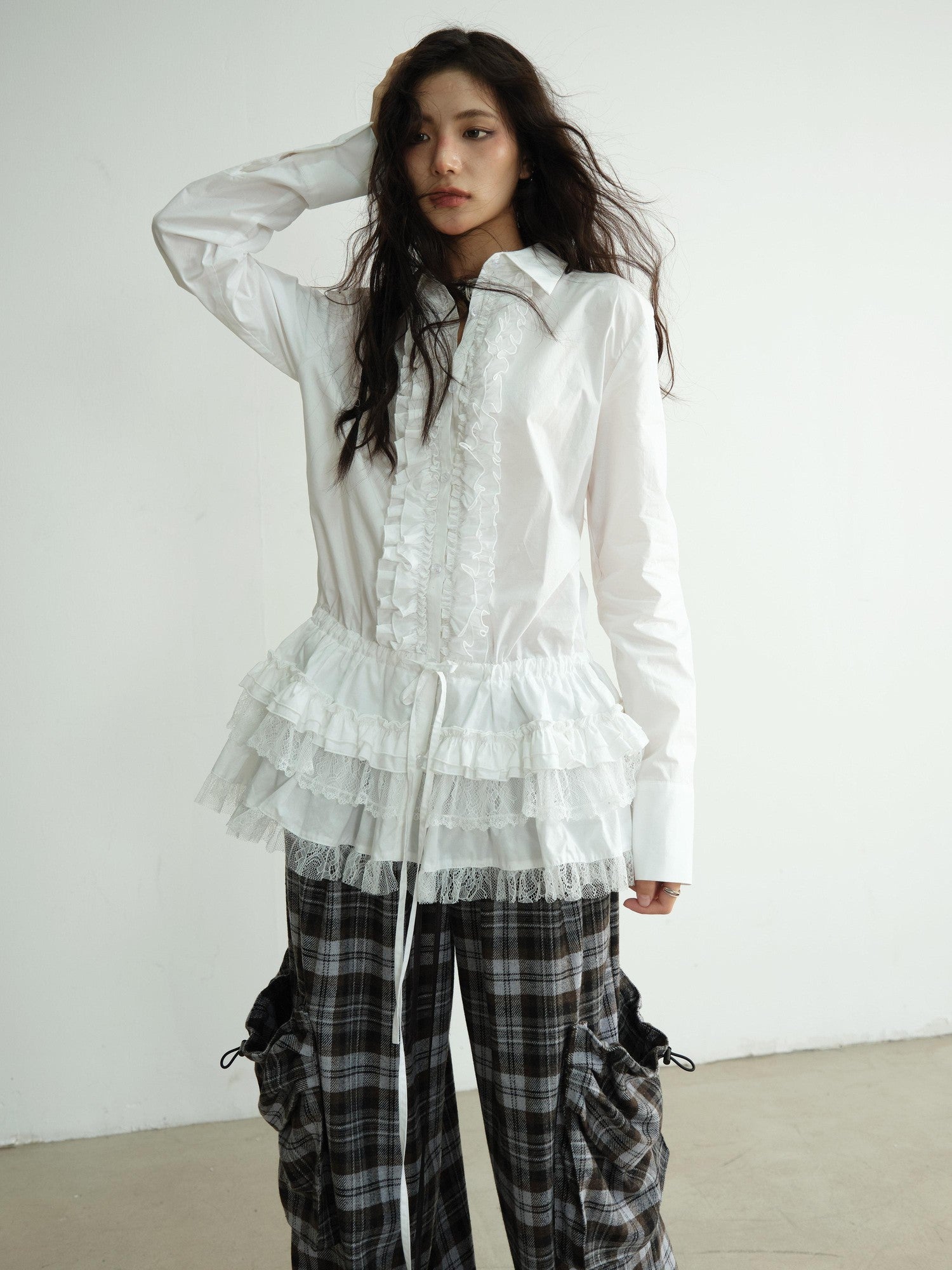 Jnylon studios White Lace Trim Skirt Hem Tie Waist Girlish Long Women's Cotton Tunic Blouses
