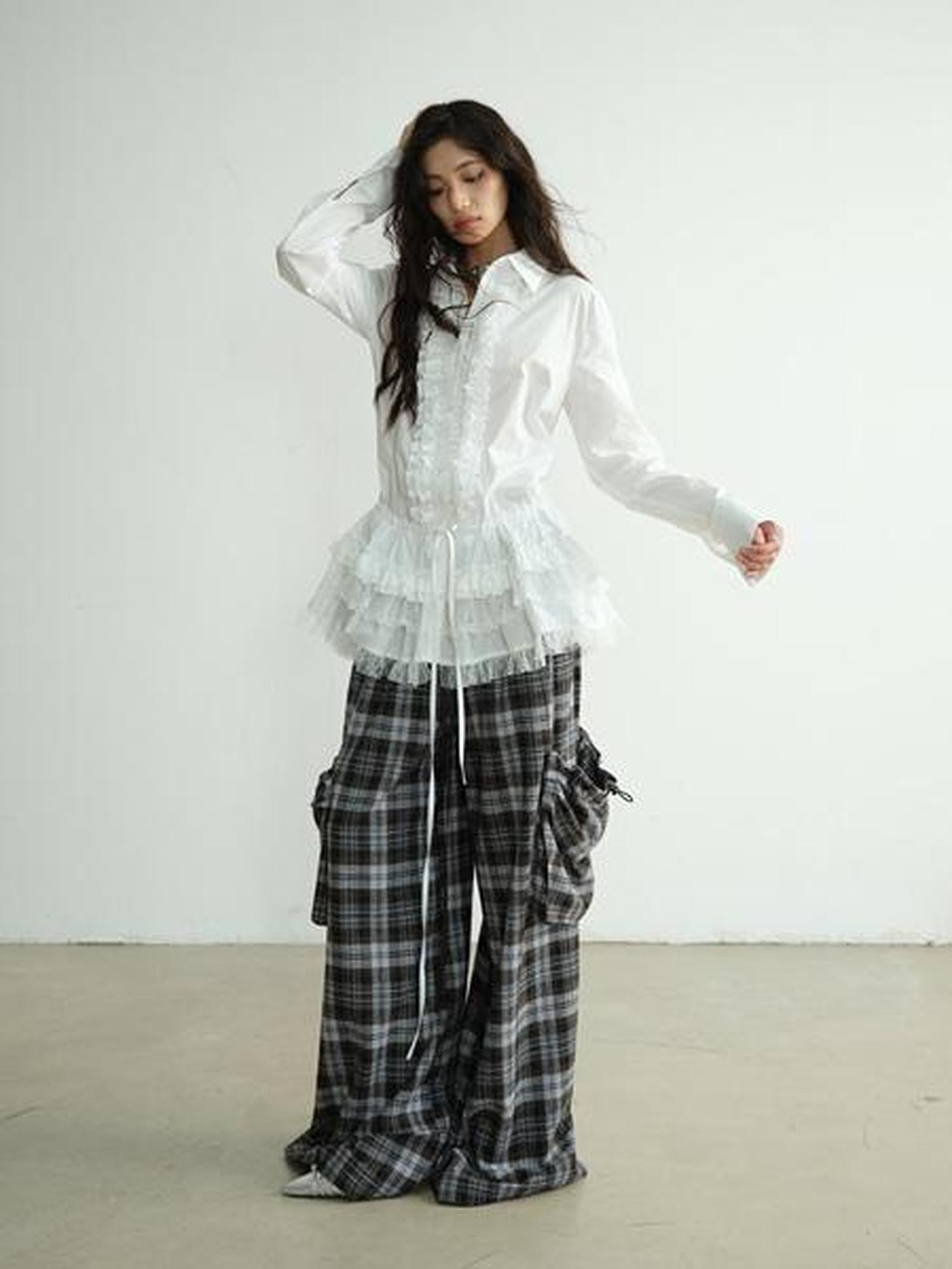 Jnylon studios White Lace Trim Skirt Hem Tie Waist Girlish Long Women's Cotton Tunic Blouses
