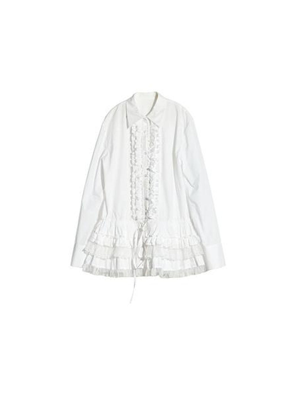 Jnylon studios White Lace Trim Skirt Hem Tie Waist Girlish Long Women's Cotton Tunic Blouses