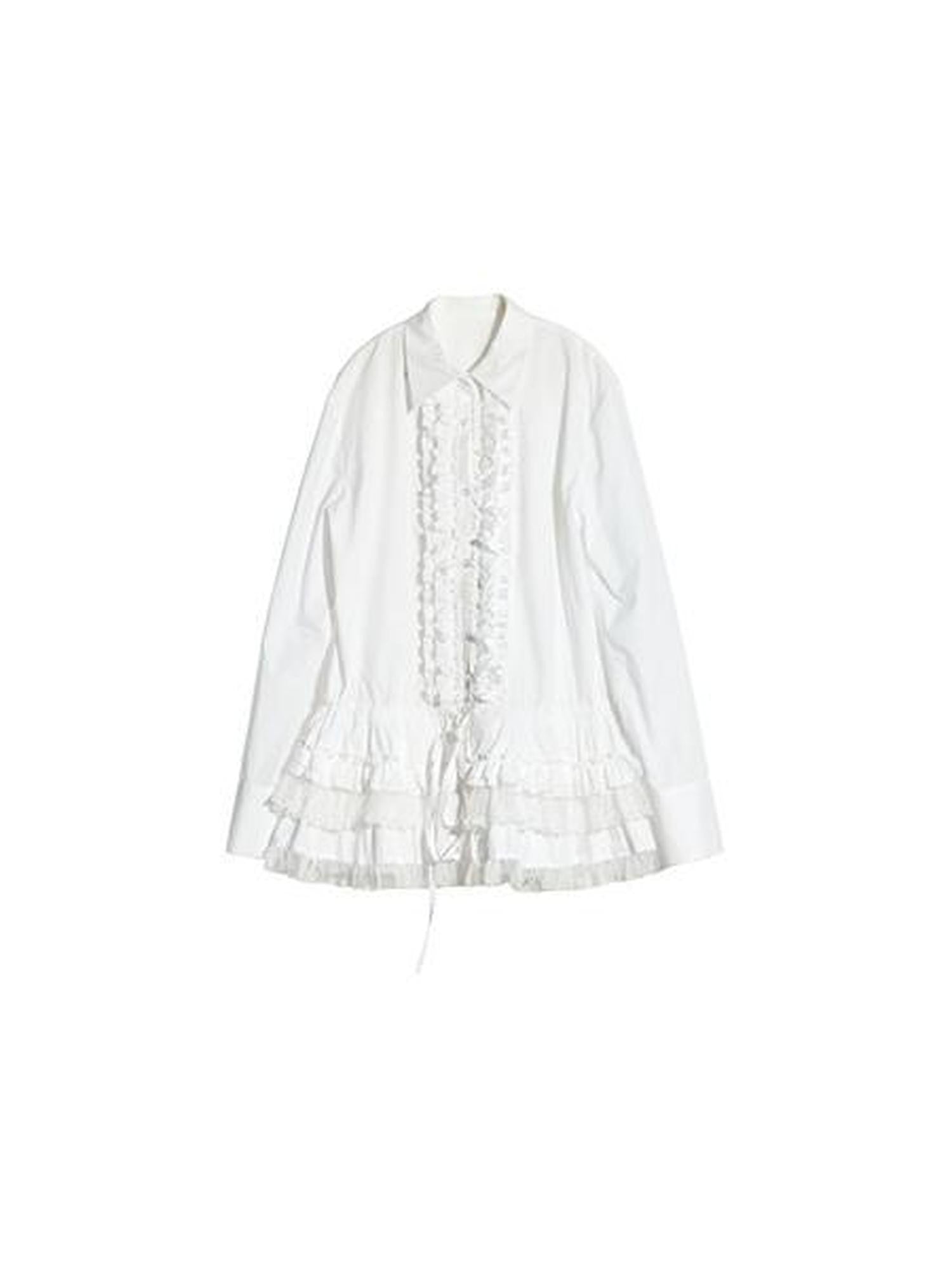 Jnylon studios White Lace Trim Skirt Hem Tie Waist Girlish Long Women's Cotton Tunic Blouses