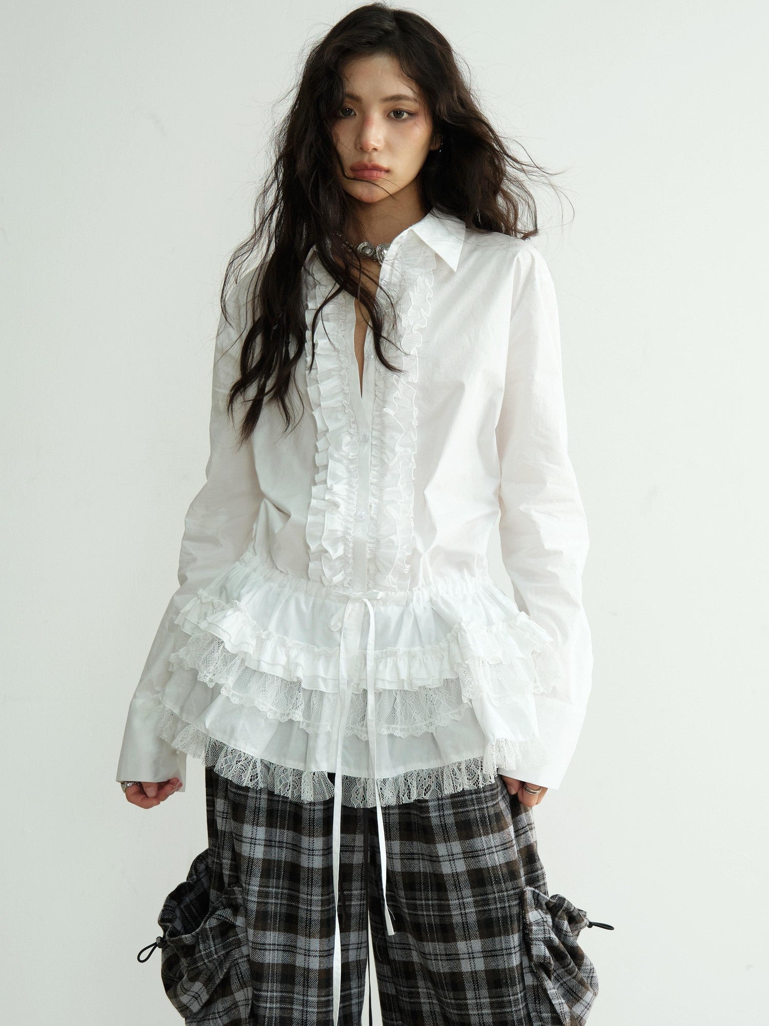 Jnylon studios White Lace Trim Skirt Hem Tie Waist Girlish Long Women's Cotton Tunic Blouses