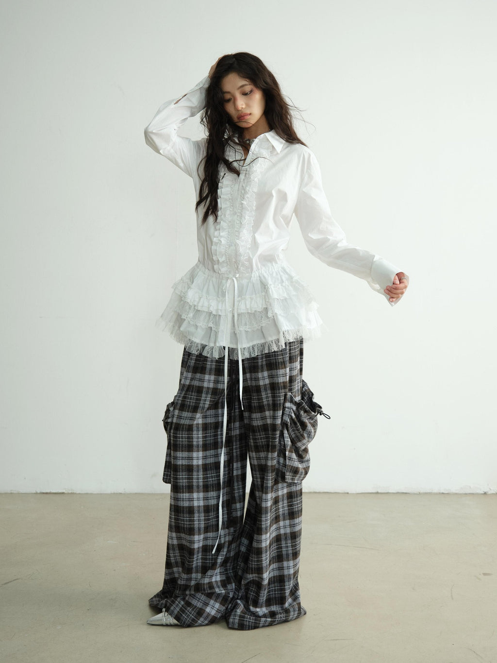 Jnylon studios White Lace Trim Skirt Hem Tie Waist Girlish Long Women's Cotton Tunic Blouses