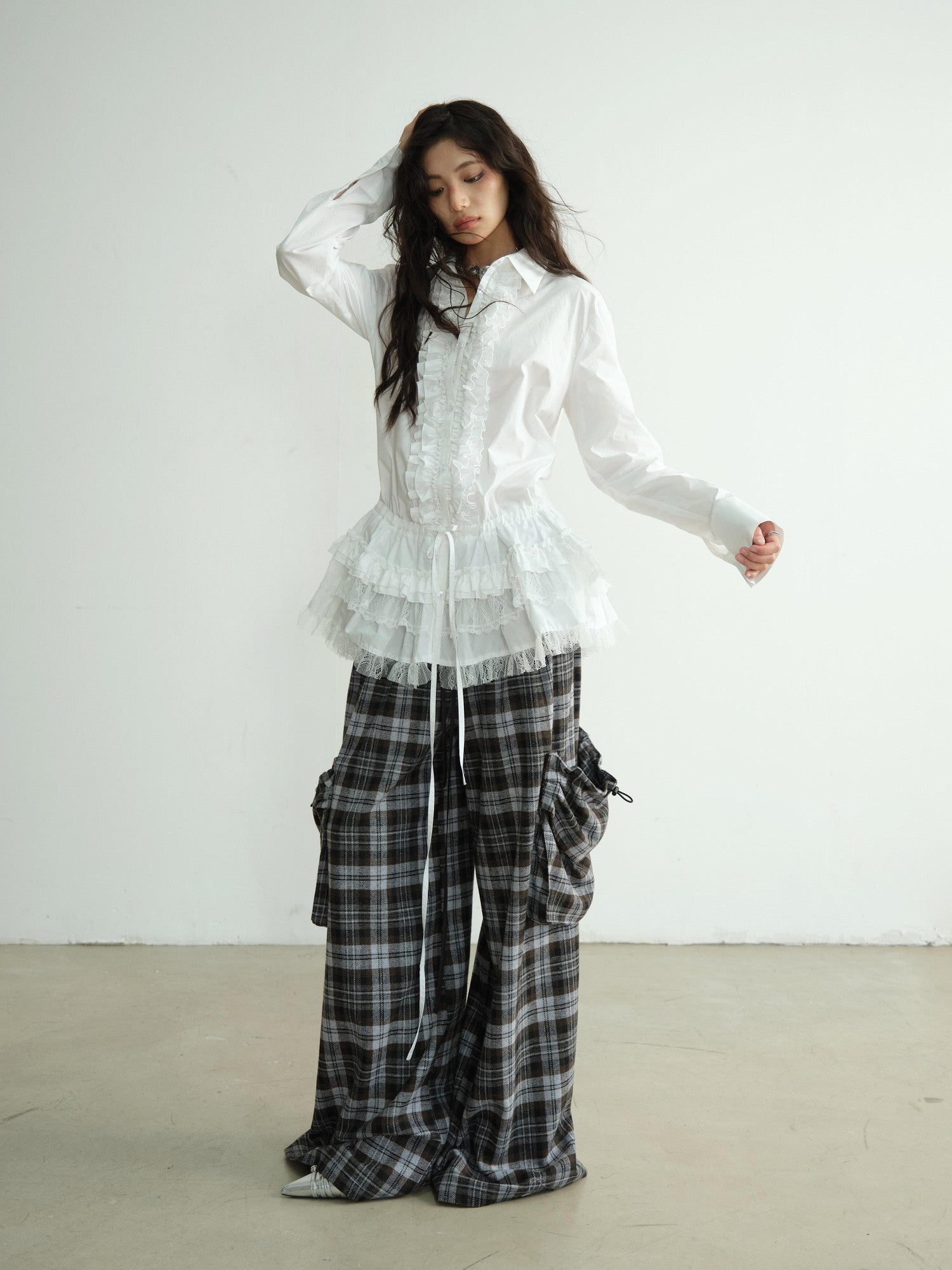 Jnylon studios White Lace Trim Skirt Hem Tie Waist Girlish Long Women's Cotton Tunic Blouses
