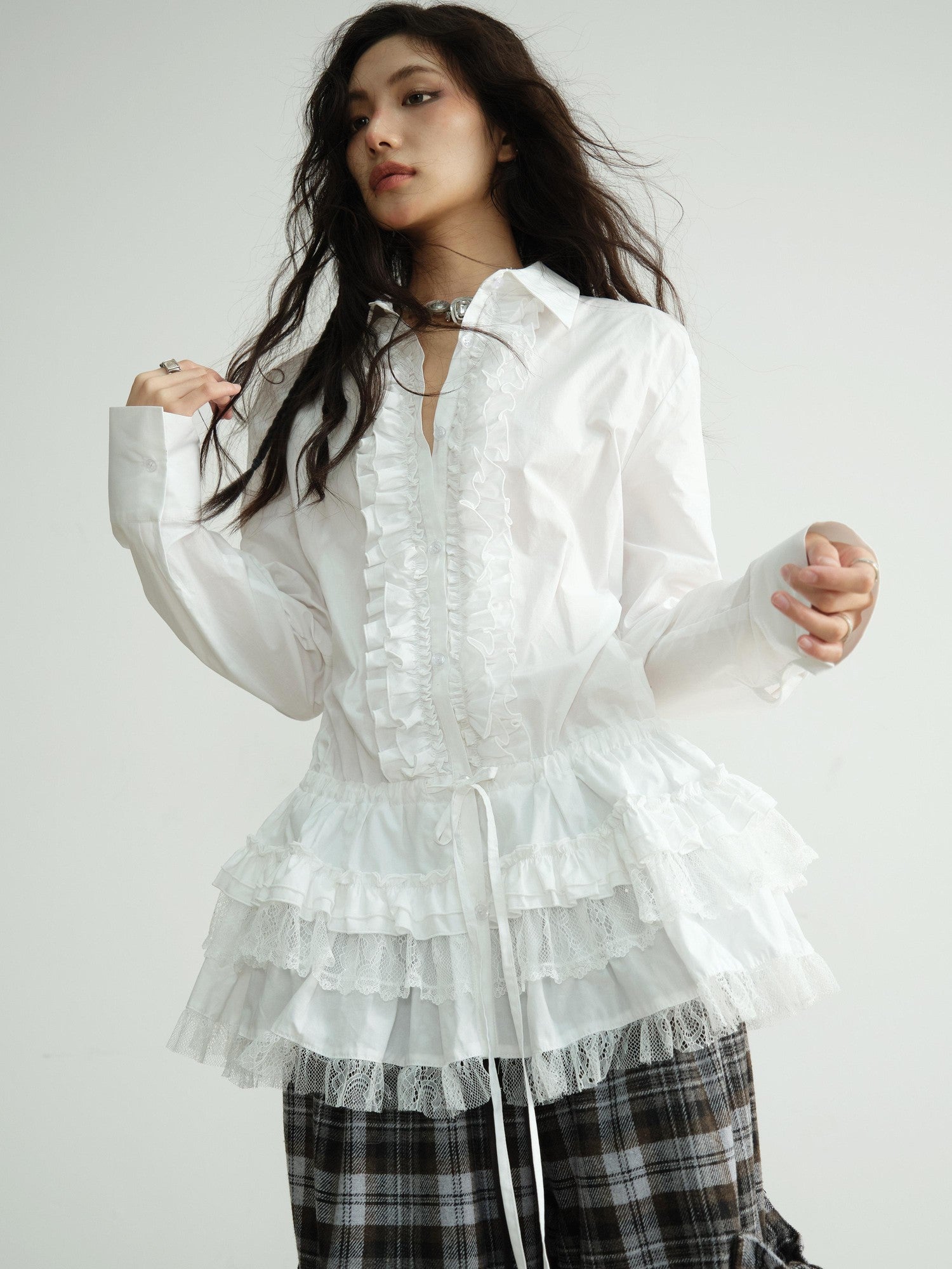 Jnylon studios White Lace Trim Skirt Hem Tie Waist Girlish Long Women's Cotton Tunic Blouses