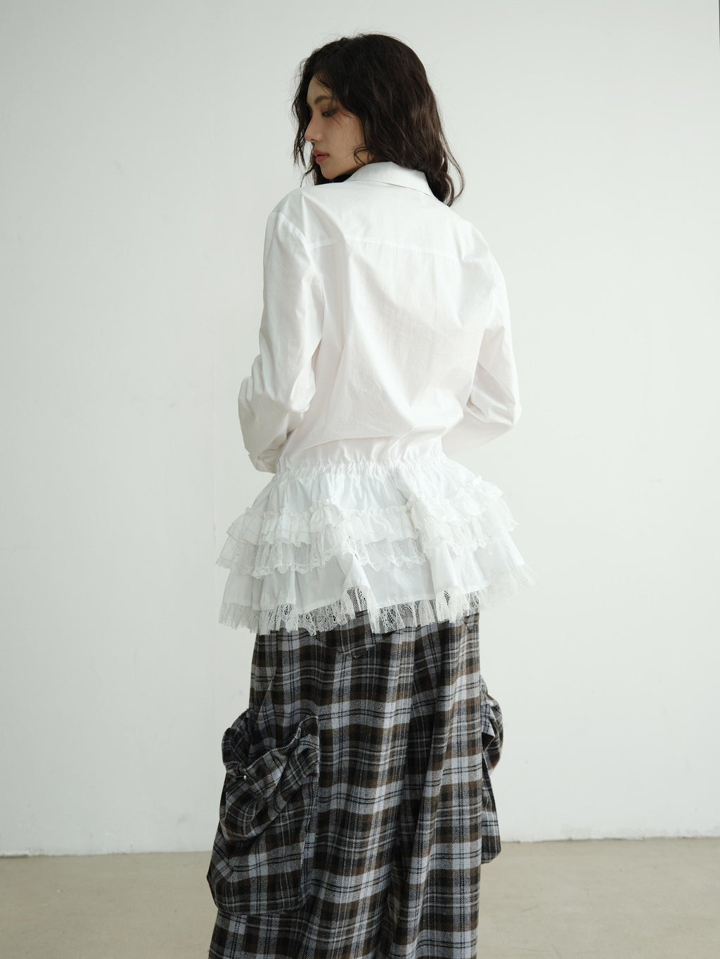 Jnylon studios White Lace Trim Skirt Hem Tie Waist Girlish Long Women's Cotton Tunic Blouses