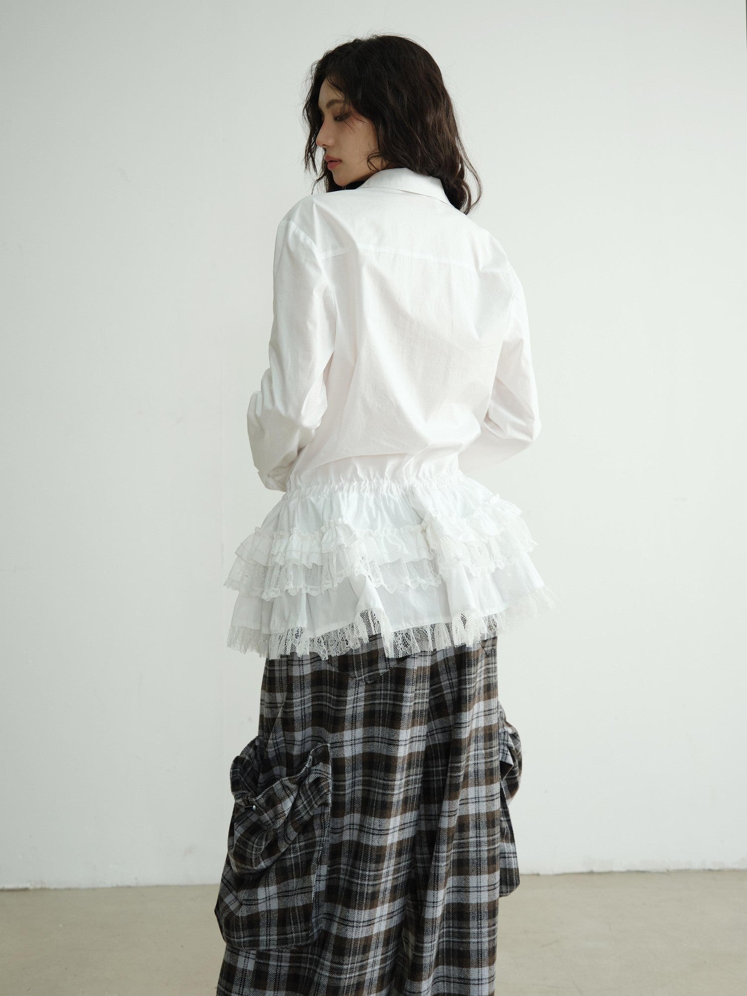 Jnylon studios White Lace Trim Skirt Hem Tie Waist Girlish Long Women's Cotton Tunic Blouses
