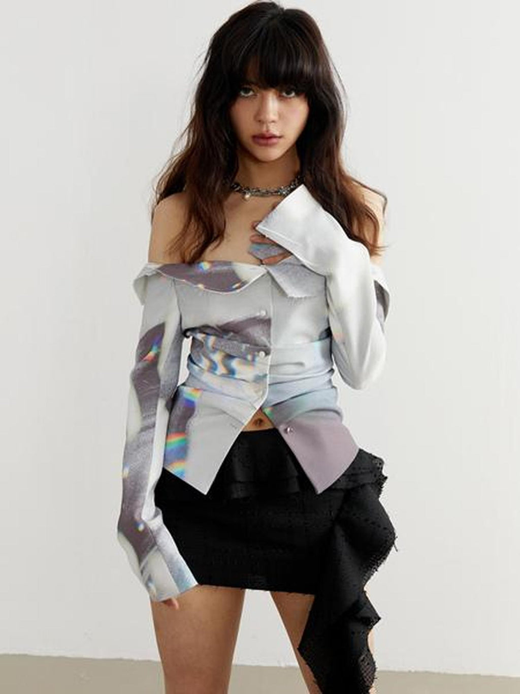 Jnylon studios White Light Shadow Print Delicate Cutout Women's Off-shoulder Blouses