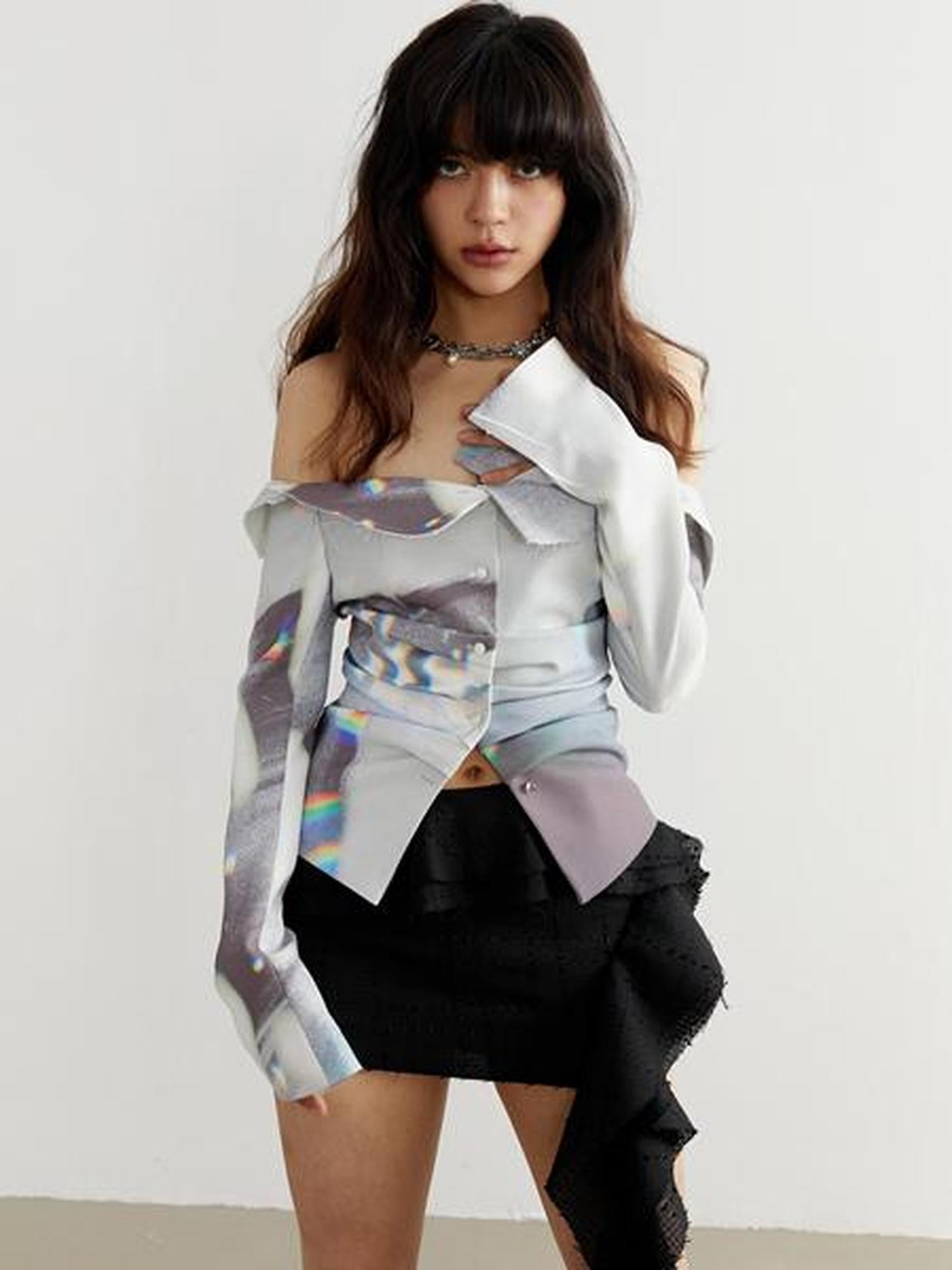 Jnylon studios White Light Shadow Print Delicate Cutout Women's Off-shoulder Blouses