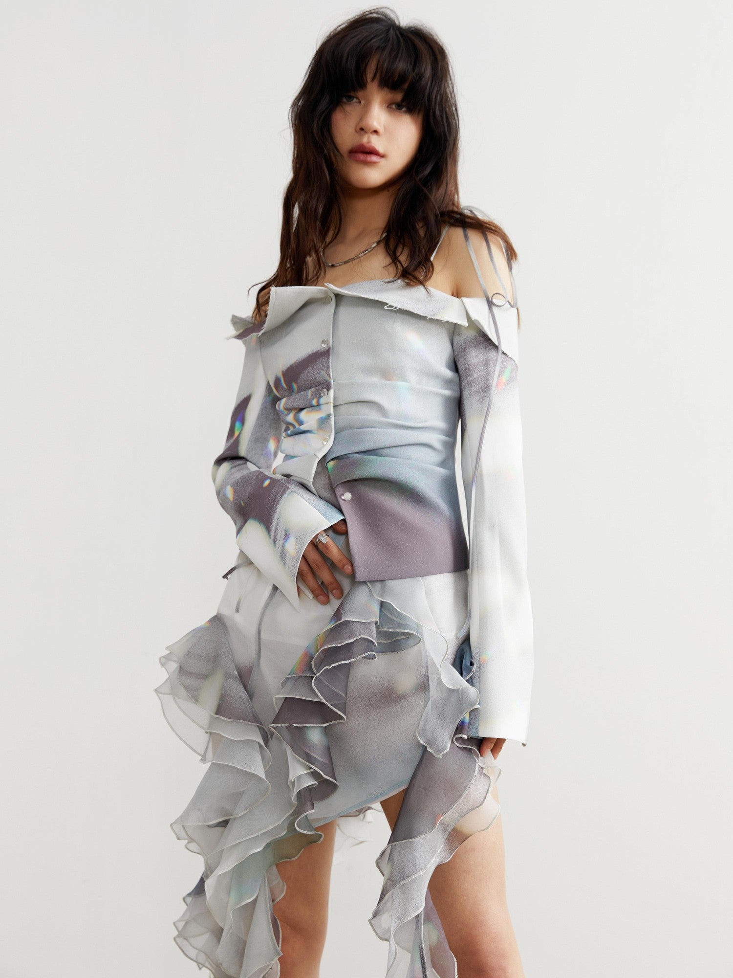 Jnylon studios White Light Shadow Print Delicate Cutout Women's Off-shoulder Blouses
