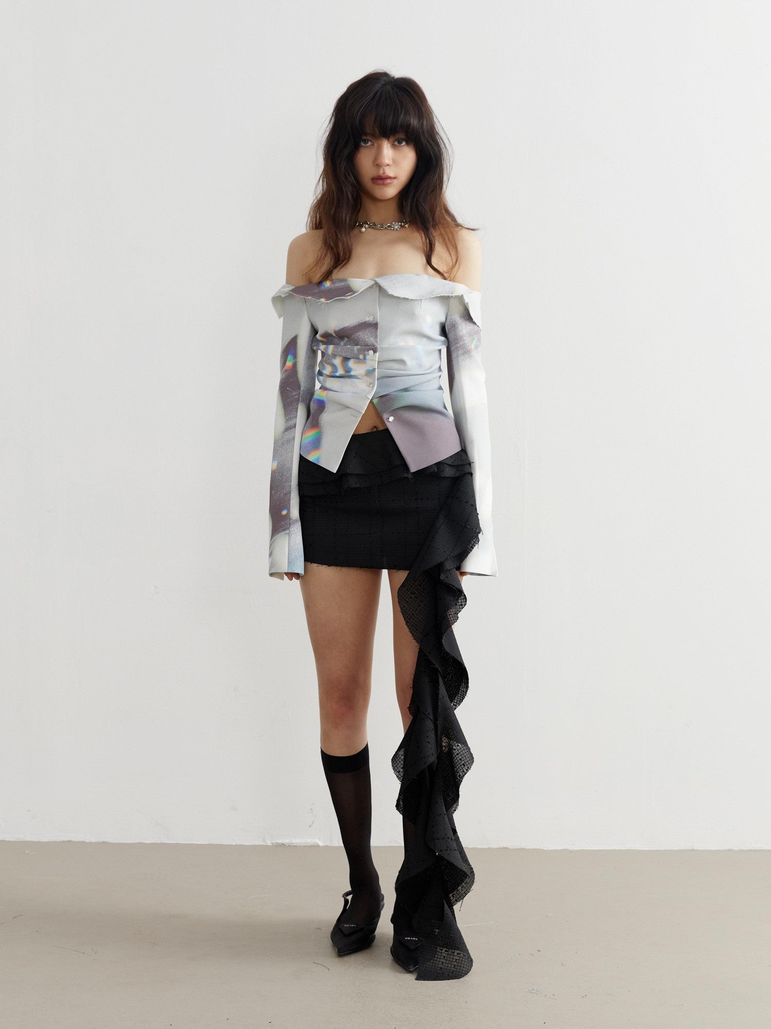 Jnylon studios White Light Shadow Print Delicate Cutout Women's Off-shoulder Blouses
