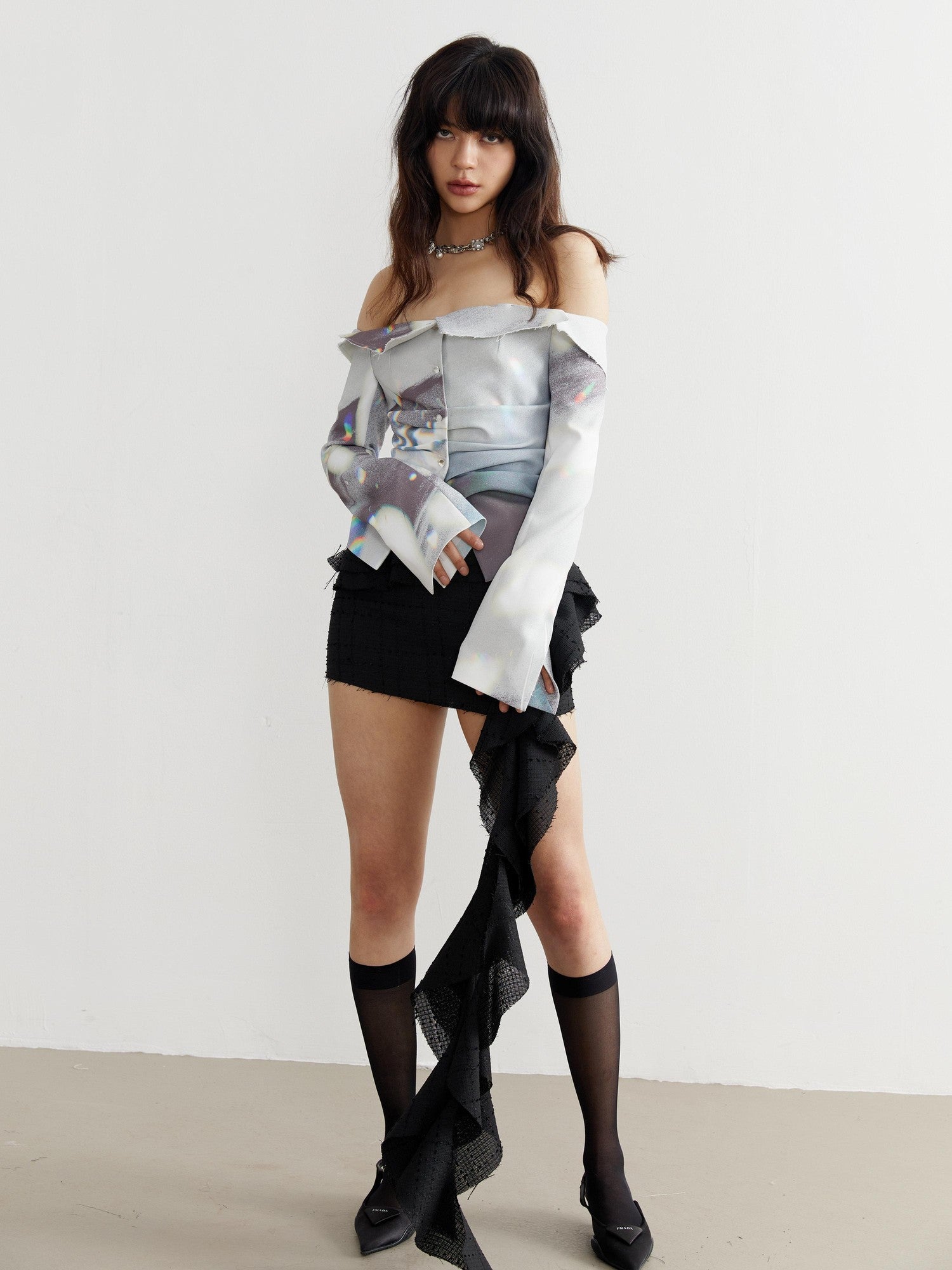 Jnylon studios White Light Shadow Print Delicate Cutout Women's Off-shoulder Blouses