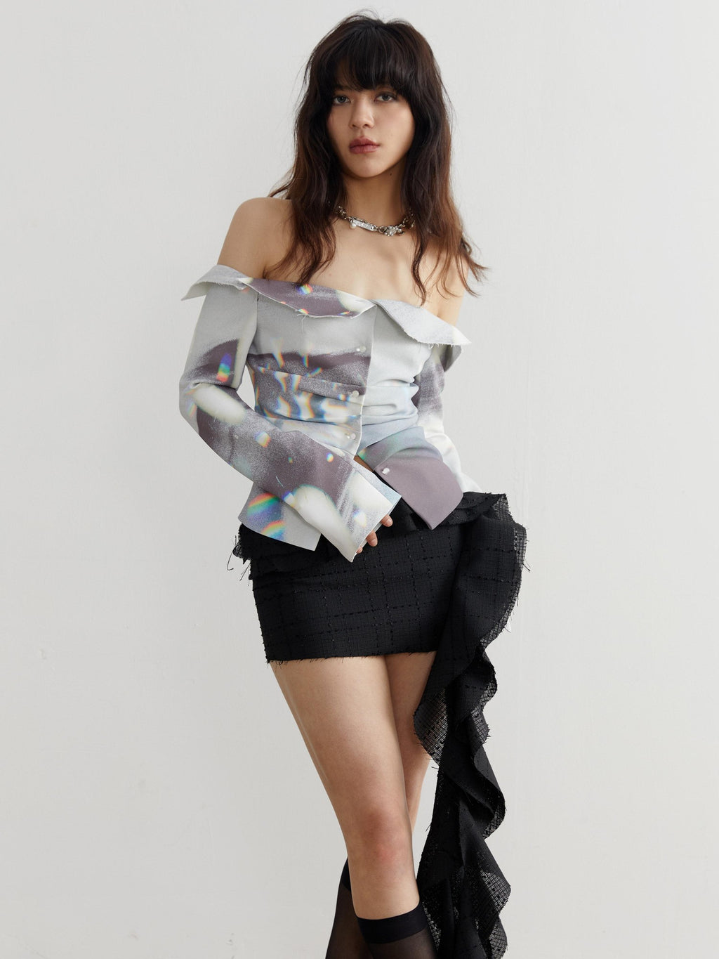 Jnylon studios White Light Shadow Print Delicate Cutout Women's Off-shoulder Blouses
