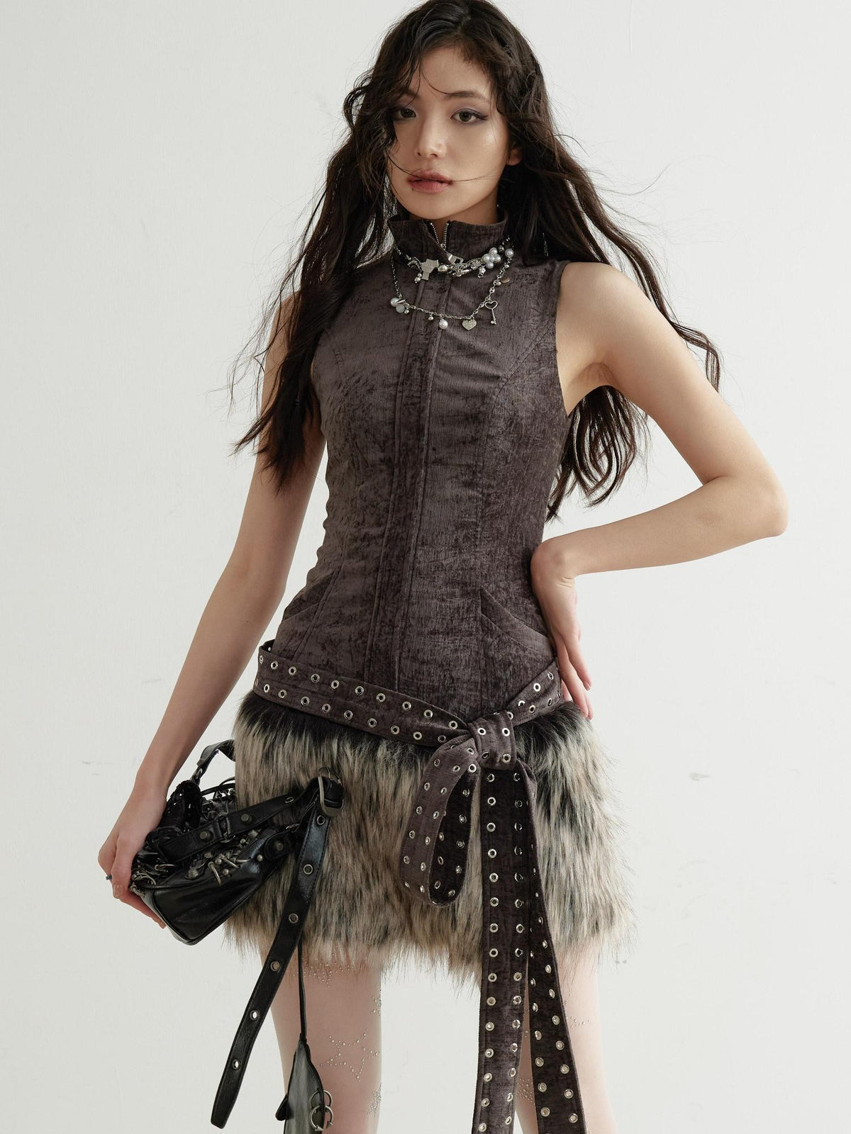 Jnylon studios Y2k Studded Belt Faux Fur Trim Patchwork High Neck Women's Sleeveless Bodycon Mini Dresses