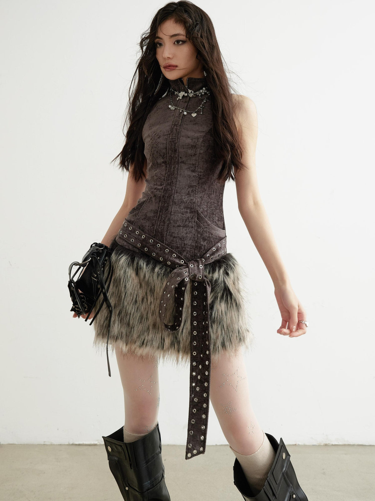 Jnylon studios Y2k Studded Belt Faux Fur Trim Patchwork High Neck Women's Sleeveless Bodycon Mini Dresses
