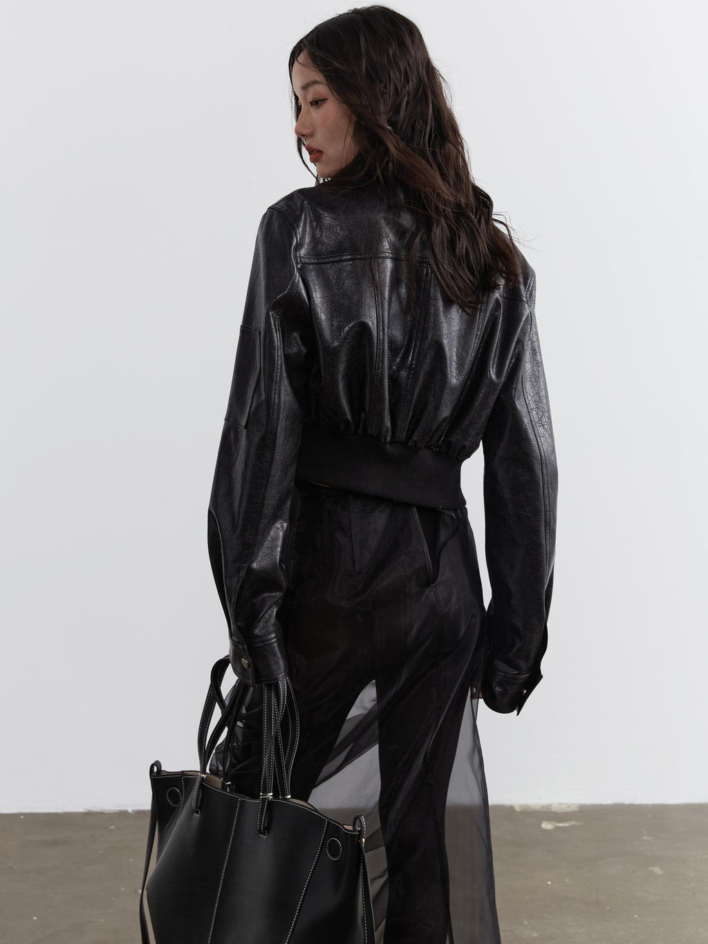 Jnylon studios Zip Deconstructed Cutout Pu Leather High Waist Women's Cropped Jackets