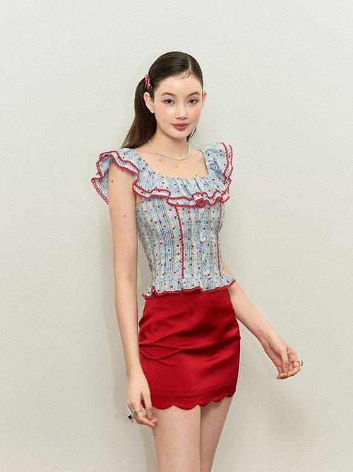 Kyouko Baby Accordion Pleat One Shoulder Women's Red Camisole And Skirt Matching Skirt Sets