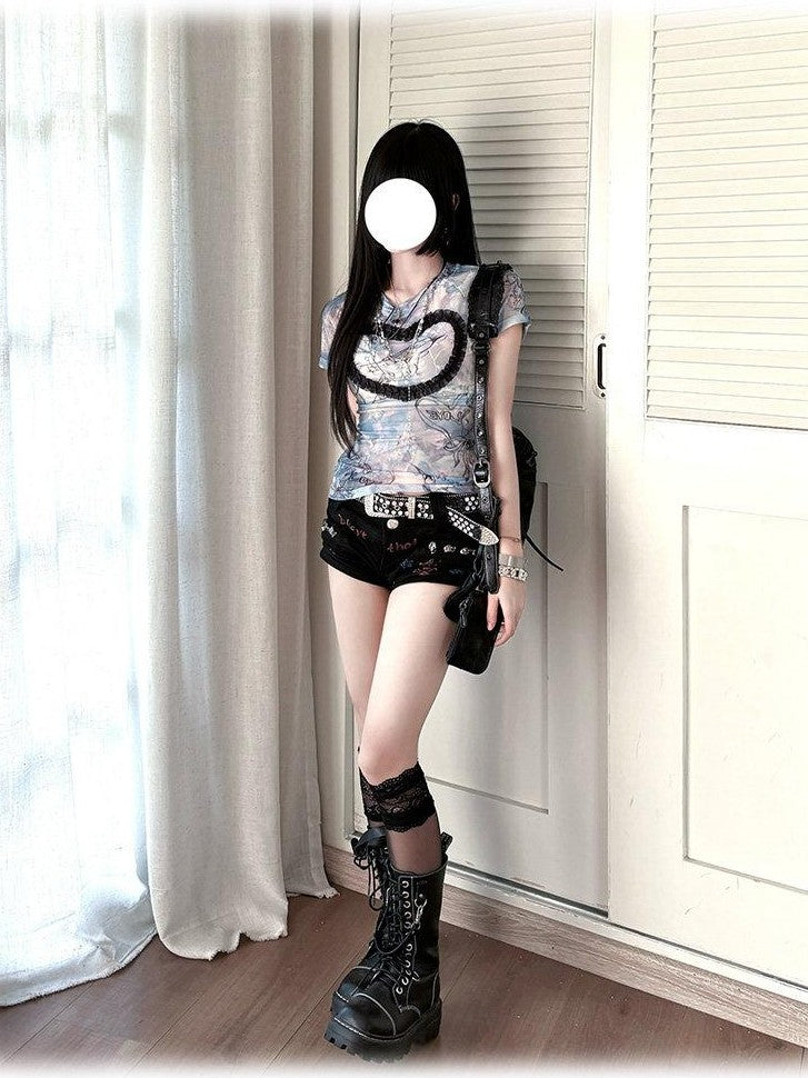 Kyouko Baby Acid Wash Blue Stretch Cross Print Women's Mesh Short Sleeve T-shirts