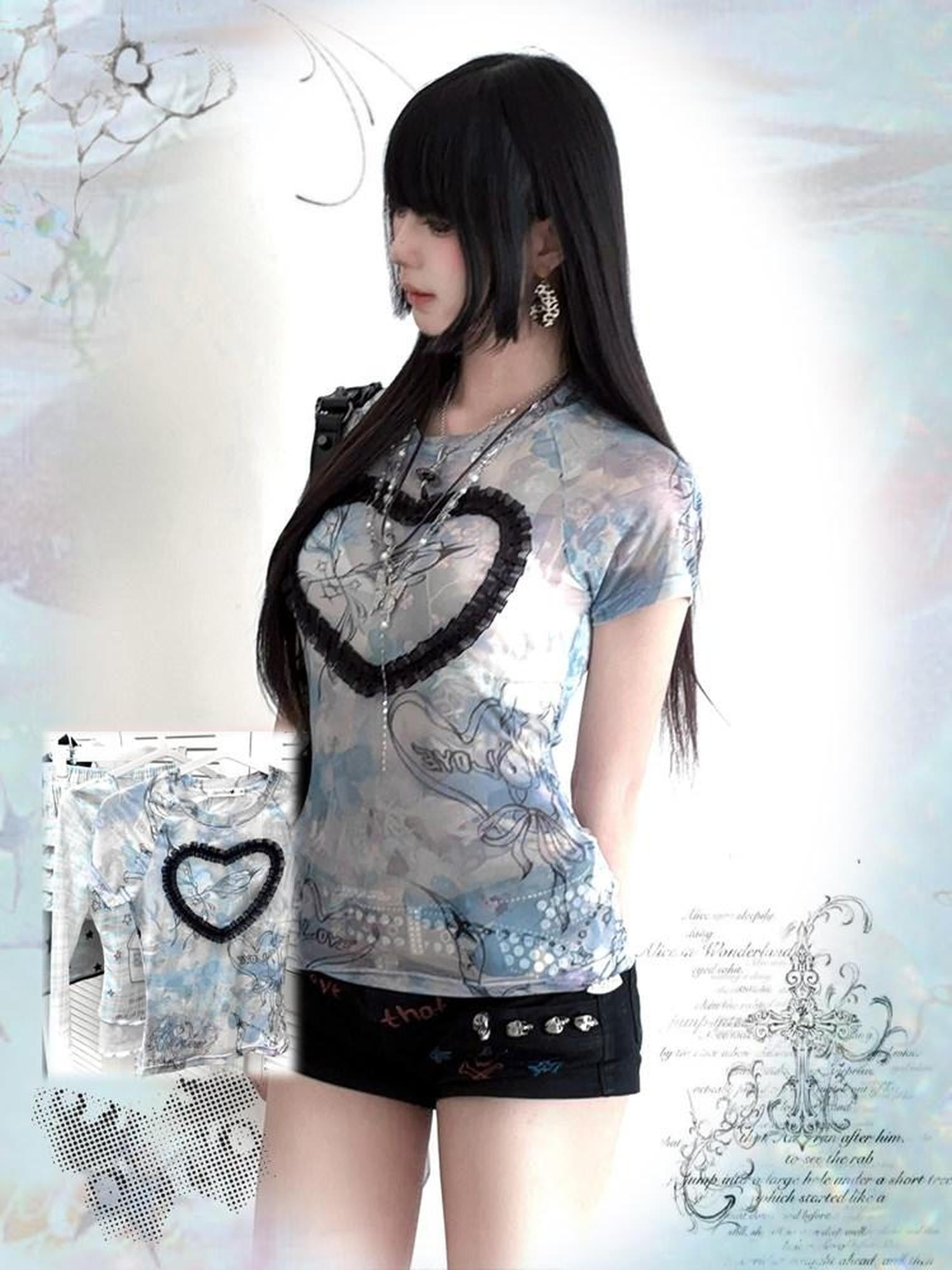 Kyouko Baby Acid Wash Blue Stretch Cross Print Women's Mesh Short Sleeve T-shirts
