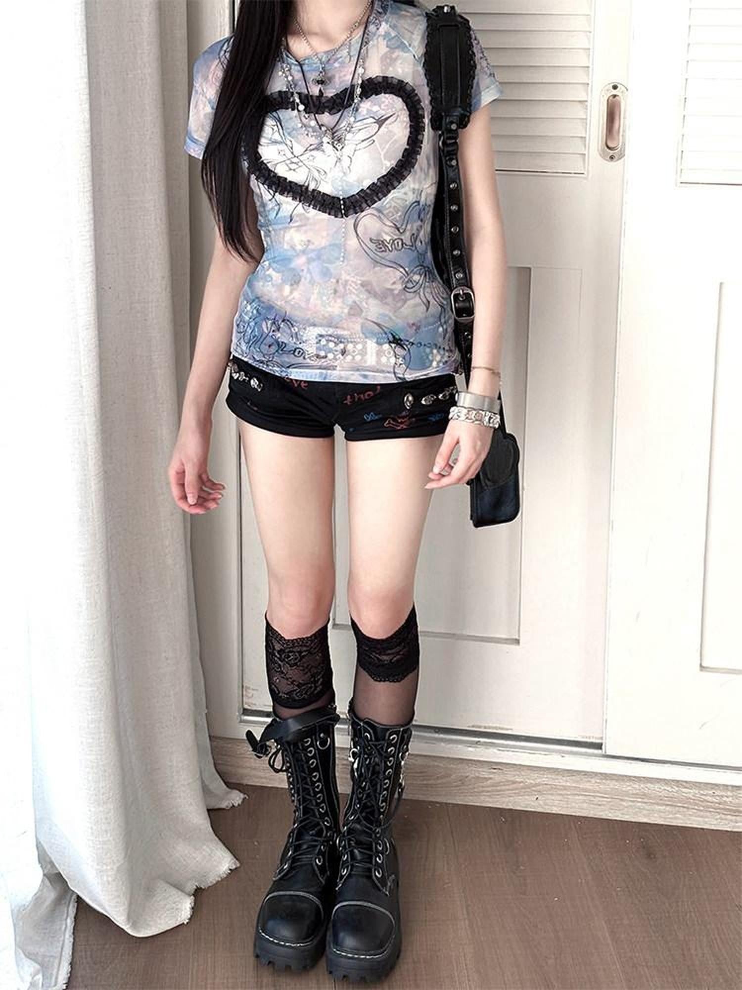 Kyouko Baby Acid Wash Blue Stretch Cross Print Women's Mesh Short Sleeve T-shirts