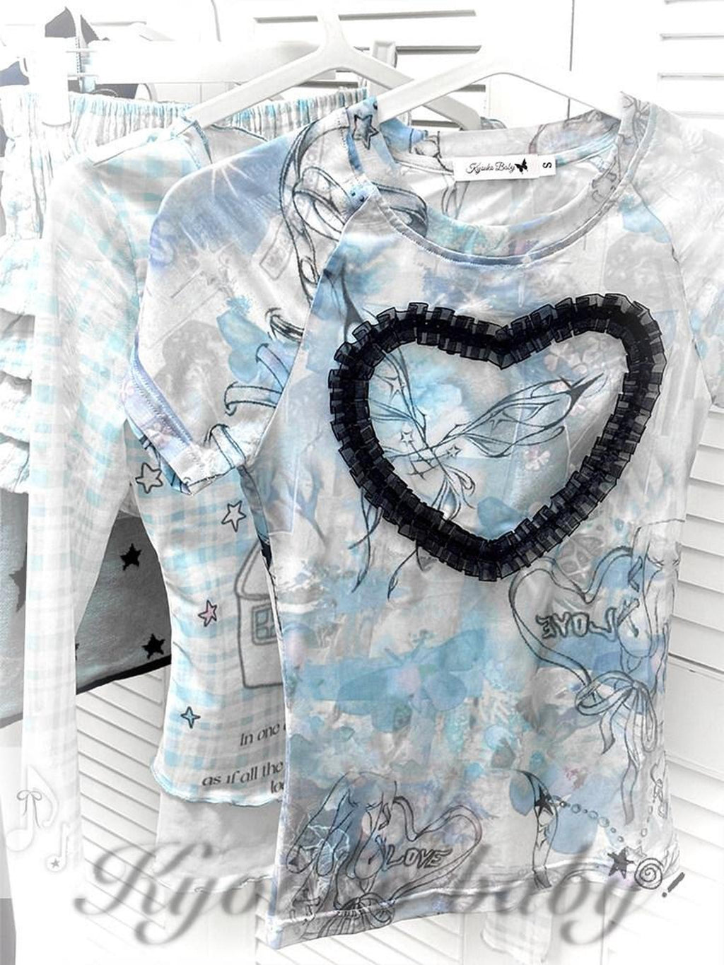 Kyouko Baby Acid Wash Blue Stretch Cross Print Women's Mesh Short Sleeve T-shirts