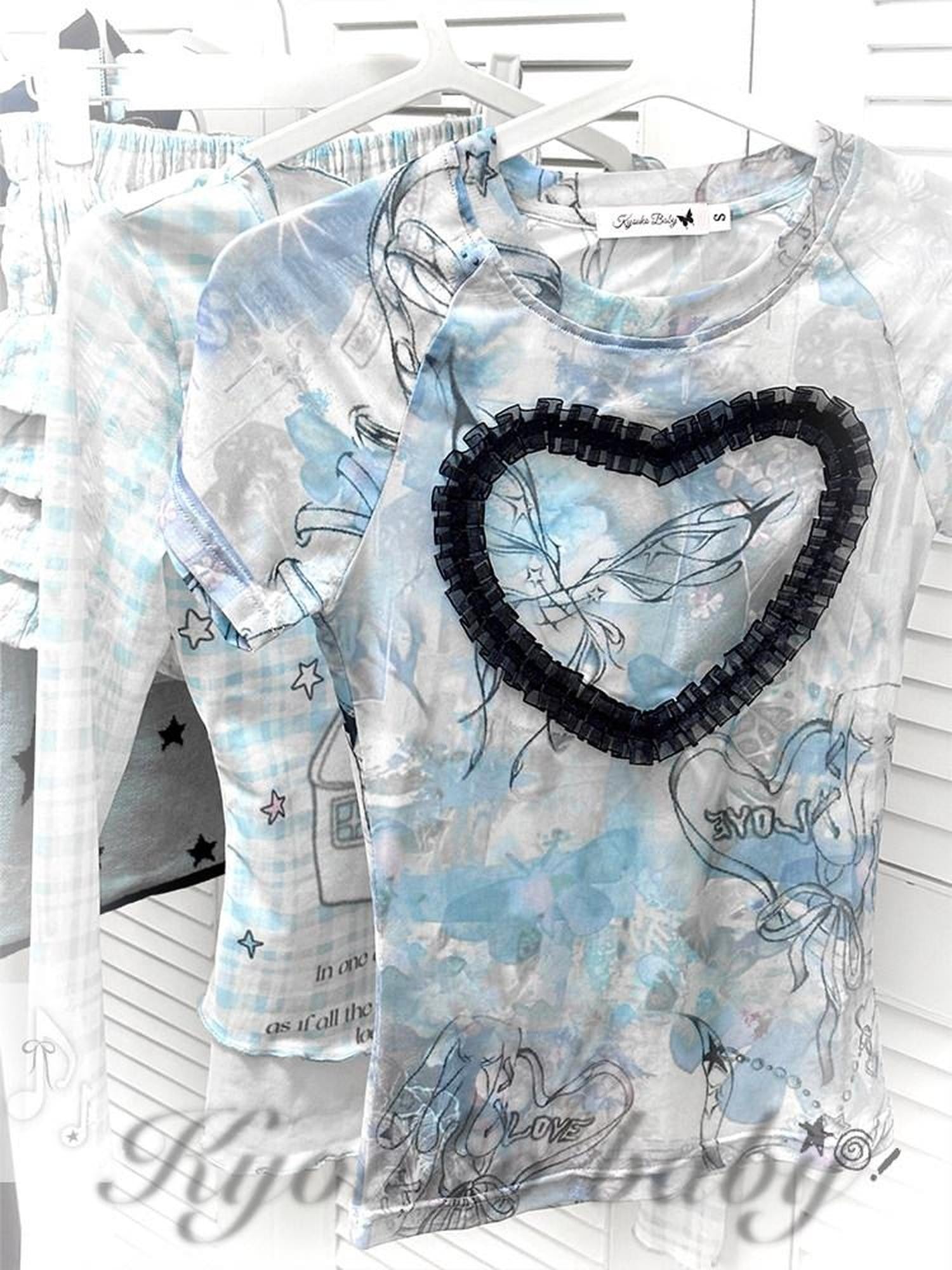 Kyouko Baby Acid Wash Blue Stretch Cross Print Women's Mesh Short Sleeve T-shirts