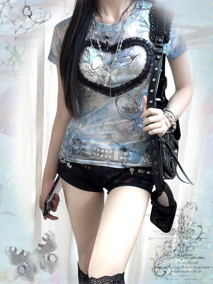 Kyouko Baby Acid Wash Blue Stretch Cross Print Women's Mesh Short Sleeve T-shirts